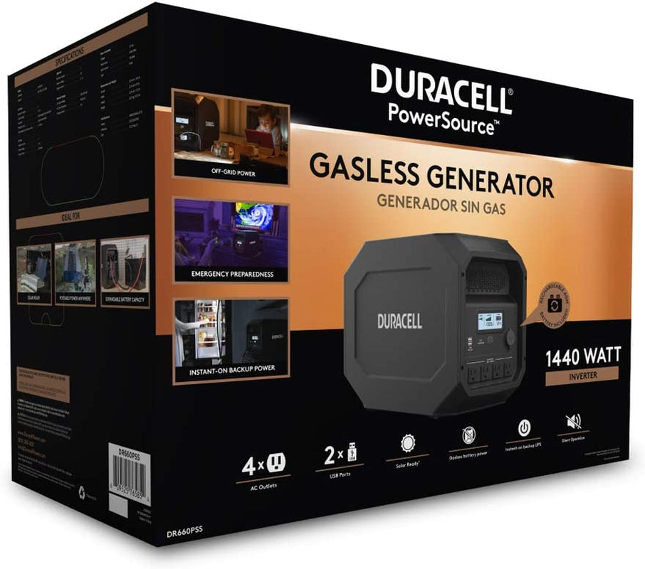 Duracell Power Source Electric Generator, Solar Capable, Gasless, Quiet, 1440W Output Power Inverter, High Capacity Power Bank