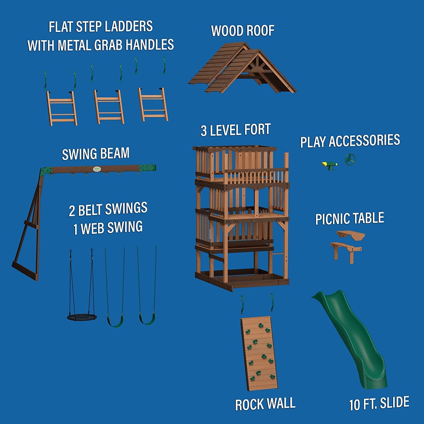 Highlander All Cedar Wooden Swing Set, 3 Levels, Step Ladder, Snack Bar with Bench, Sandbox, 2 Belt Swings, Web Swing, 10Ft Wave Slide, Rock Wall,