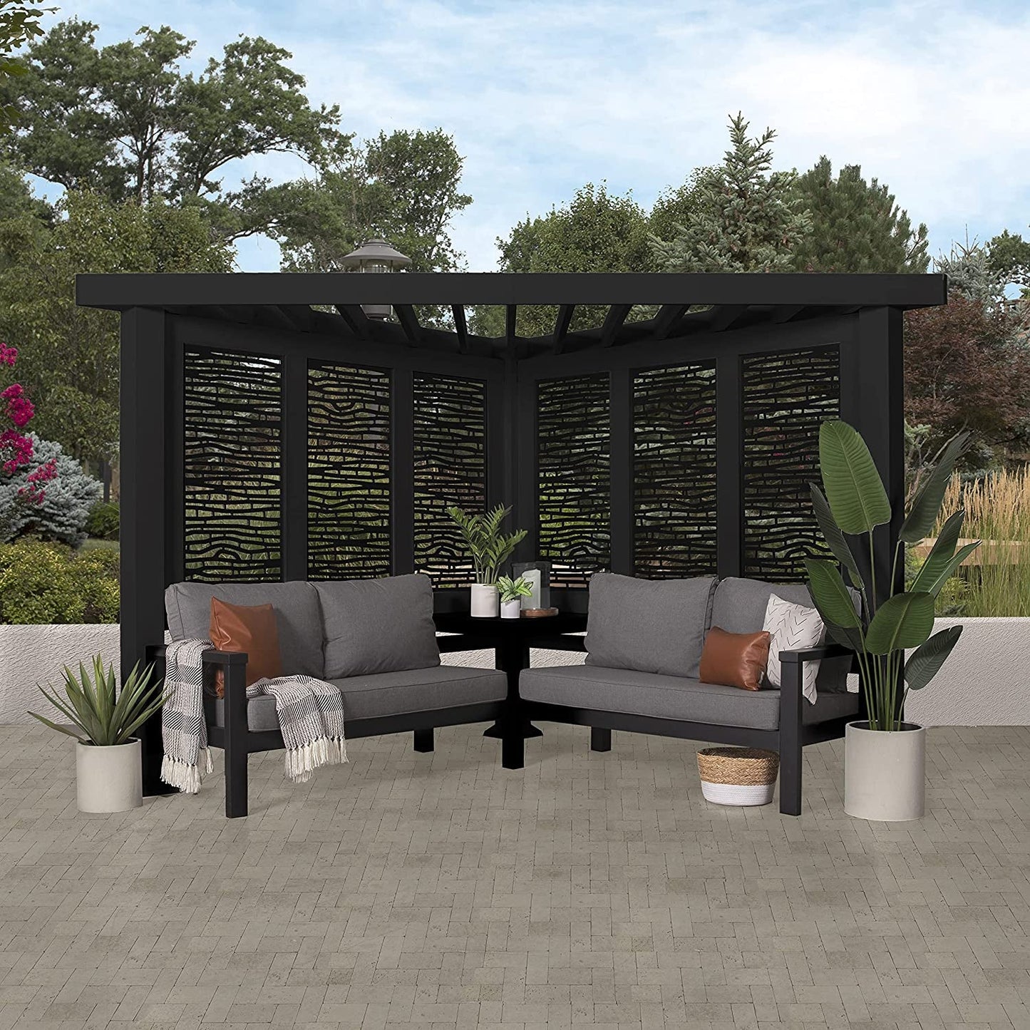 Glendale Modern Steel Cabana Pergola with Conversation Seating in Slate