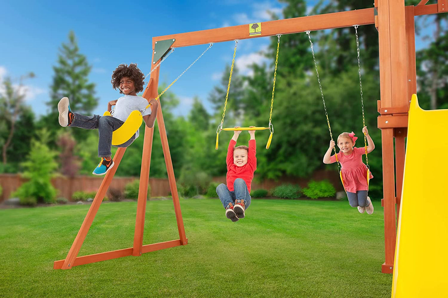 Cedar Cottage Wooden Backyard Playset | W: 163" D: 137" H: 114" | W/ 2 Belt Swings & Trapeze | Kids Age 3-10 | Sandbox, Slide & Climbing Wall | DIY Assembly | ASTM Standards | 10-Year Warranty on Wood