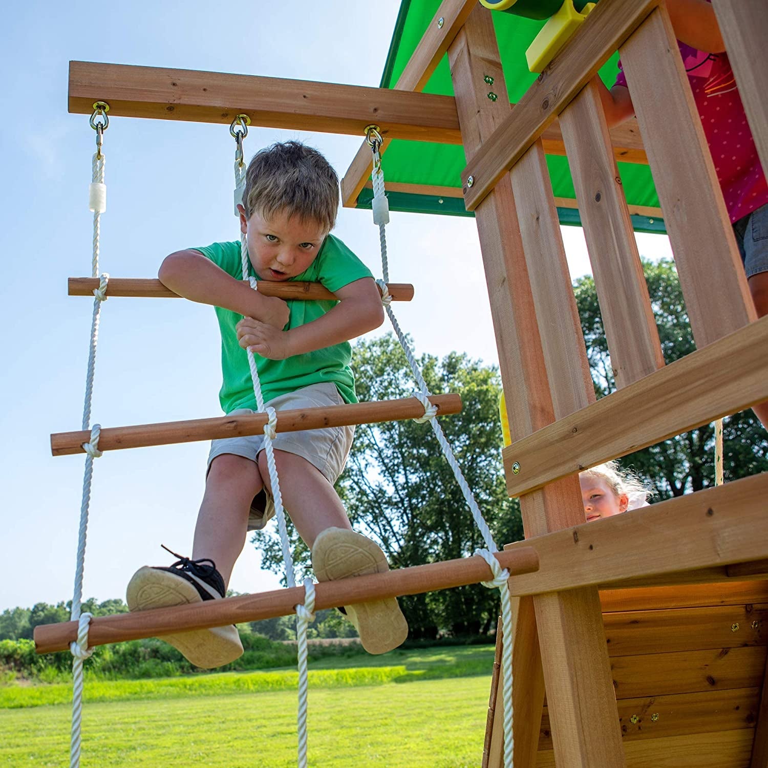 Mount Mckinley All Cedar Wood Swing Set, Playground for All Kids Age 3-10, Rock Wall, Wave Slide, Fort, Double Rock Climber and Rope