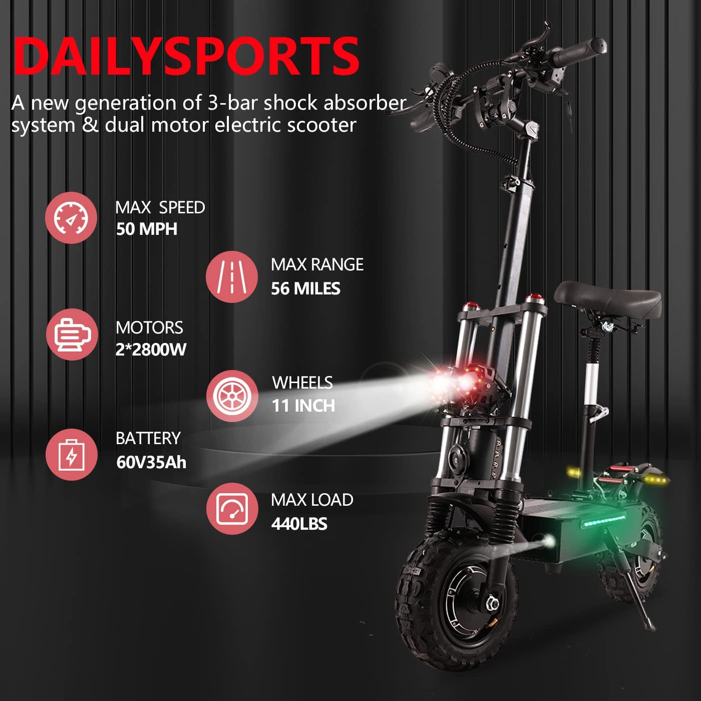 Dailysports Electric Scooter Adults 50 MPH, 5600W Motor 60V 38.5Ah Battery up to 56 Miles Range, Scooter Electric for Adults Dual Braking System & Dual Headlight, Foldable Commuter Scooter 11" Tires