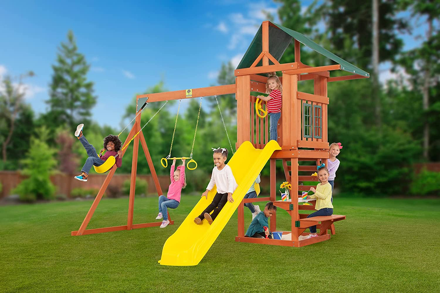 Cedar Cottage Wooden Backyard Playset | W: 163" D: 137" H: 114" | W/ 2 Belt Swings & Trapeze | Kids Age 3-10 | Sandbox, Slide & Climbing Wall | DIY Assembly | ASTM Standards | 10-Year Warranty on Wood