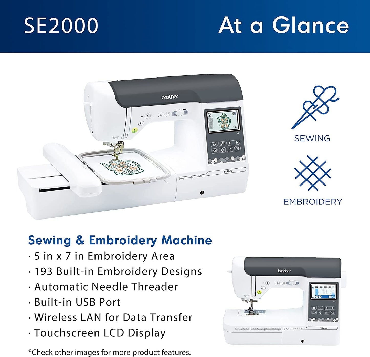 SE2000 Computerized Sewing and Embroidery Machine, Wireless LAN, 193 Built-In + 50 Bonus Downloadable Embroidery Designs, 241 Built-In Stitches, 5" X 7" Hoop Area, 3.7" LCD Touchscreen Display