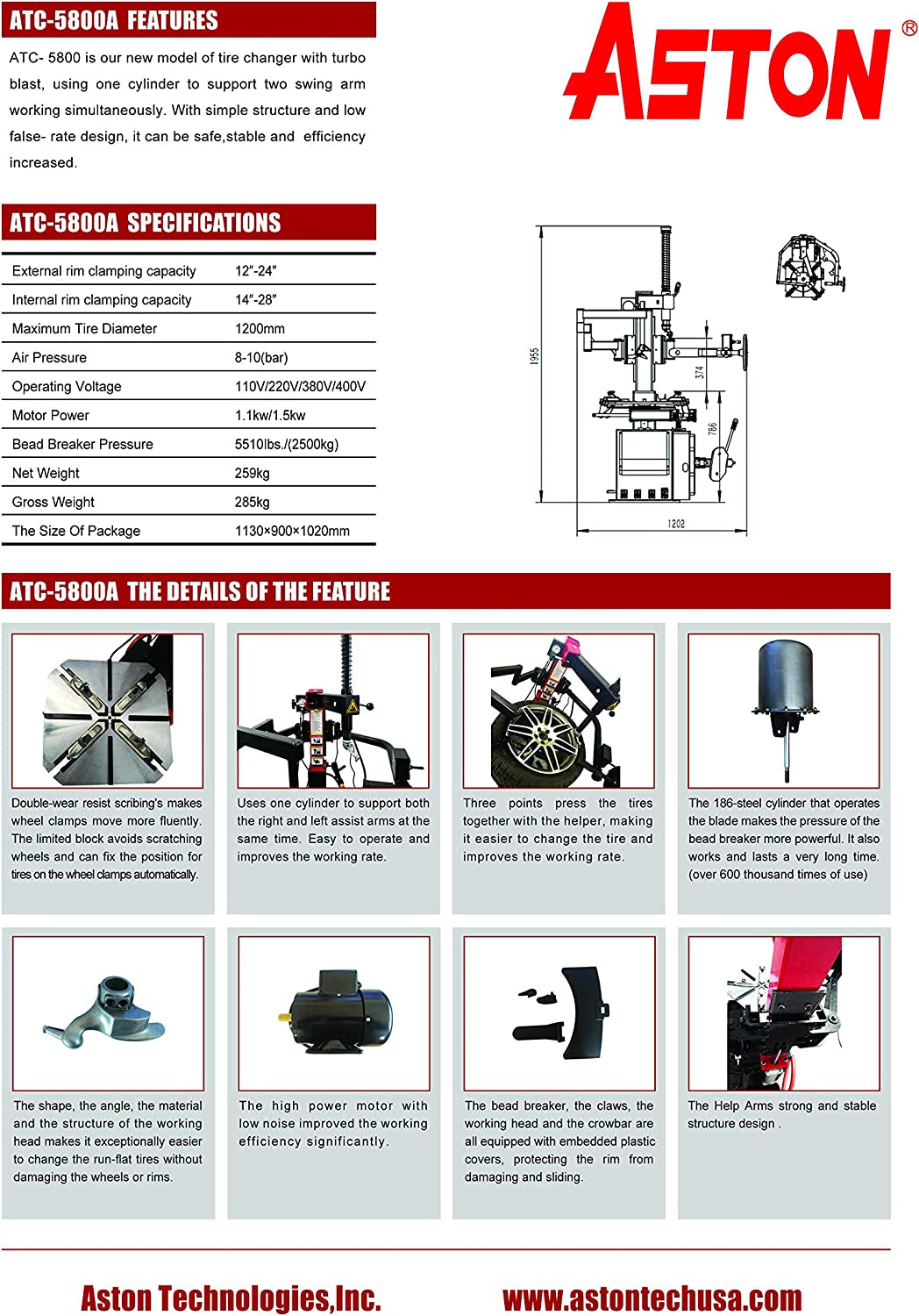 Aston Tire Machine Tire Changer Combo 2.0Hp Stronger Motor W/Bead Blaster underneath Rim up to 28'' Self-Calibration Balancer with Laser Light,5800-3022