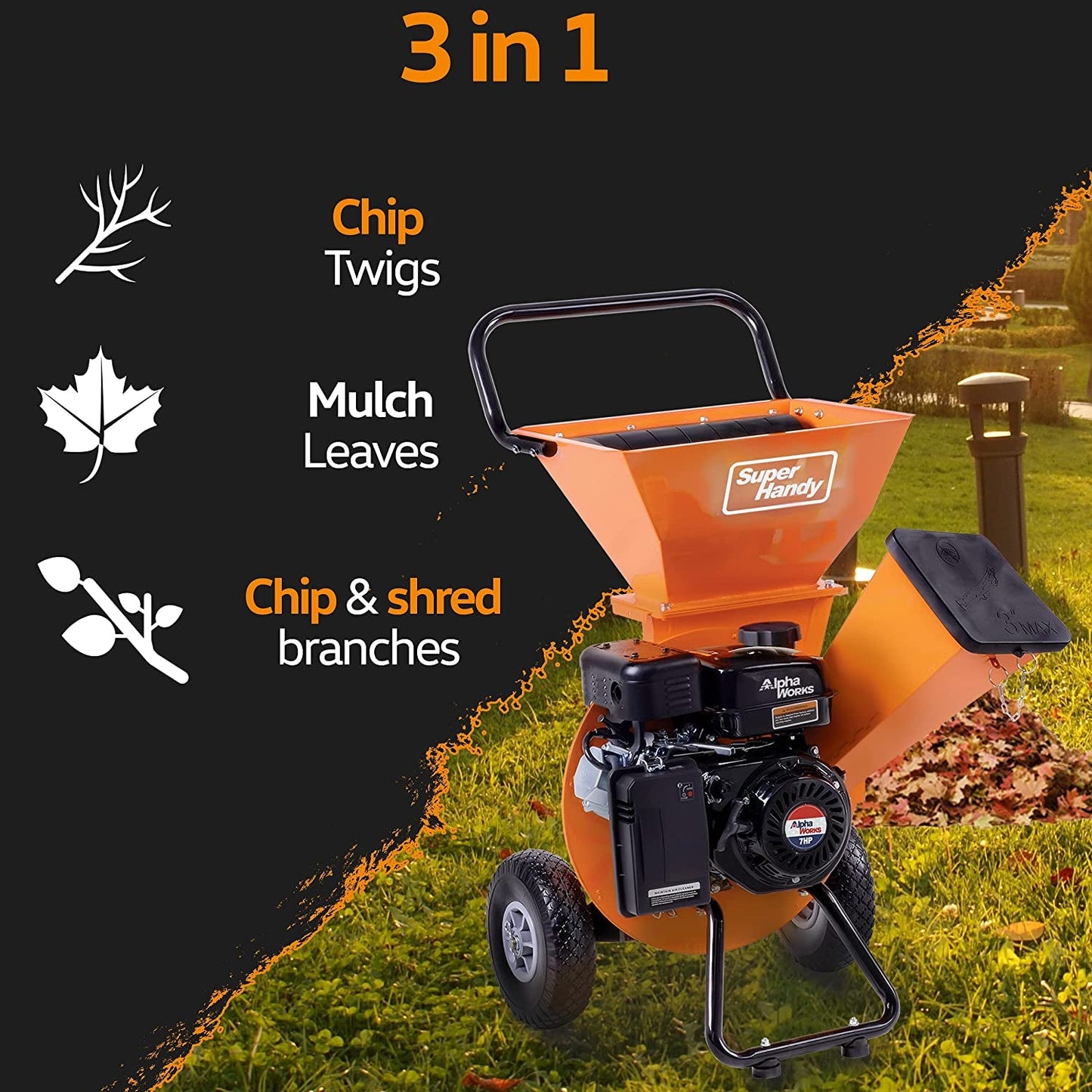 Superhandy Wood Chipper Shredder Mulcher Ultra Heavy Duty 7HP 3 in 1 Multi-Function 3" Inch Max Capacity (Amazon Exclusive)