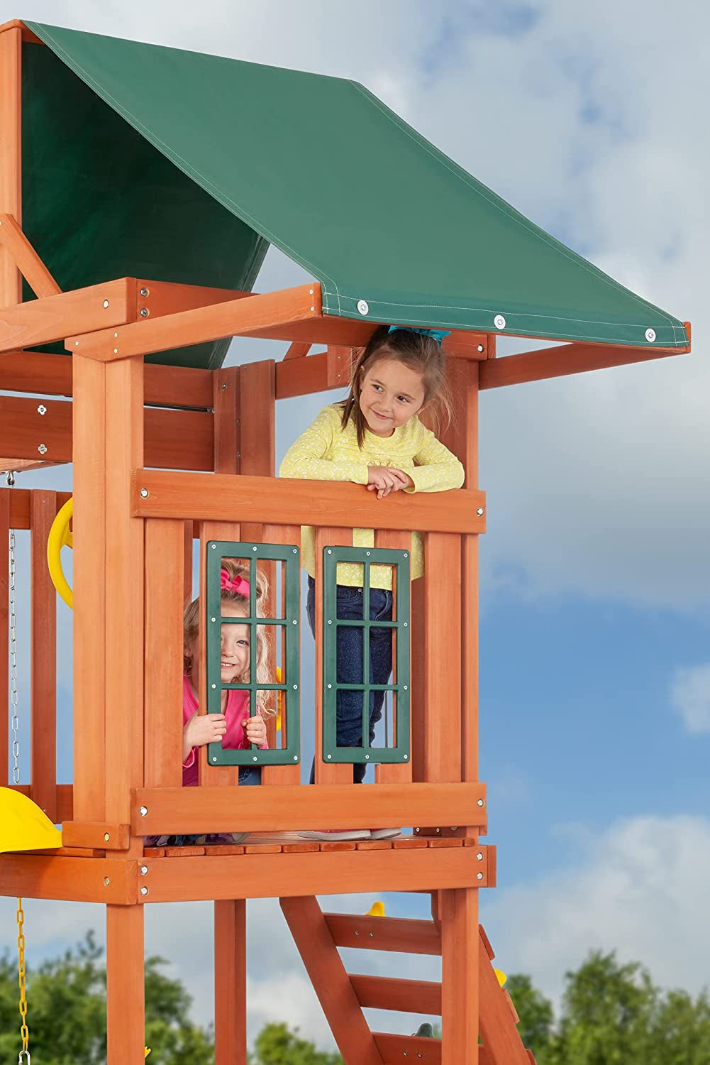 Cedar Cottage Wooden Backyard Playset | W: 163" D: 137" H: 114" | W/ 2 Belt Swings & Trapeze | Kids Age 3-10 | Sandbox, Slide & Climbing Wall | DIY Assembly | ASTM Standards | 10-Year Warranty on Wood