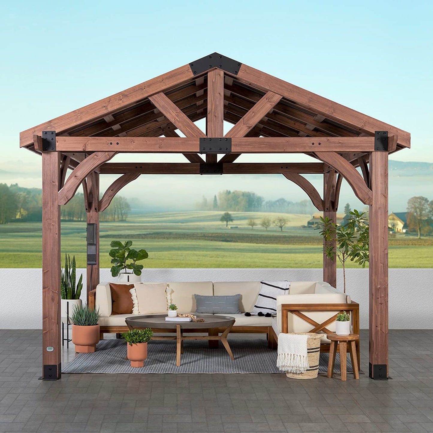 Arlington 12X10 All Cedar Gazebo, Walnut, Insulated Steel Roof, Water Resistant, Wind Resistant up to 100 MPH, Withstand 6,391 Lbs of Snow