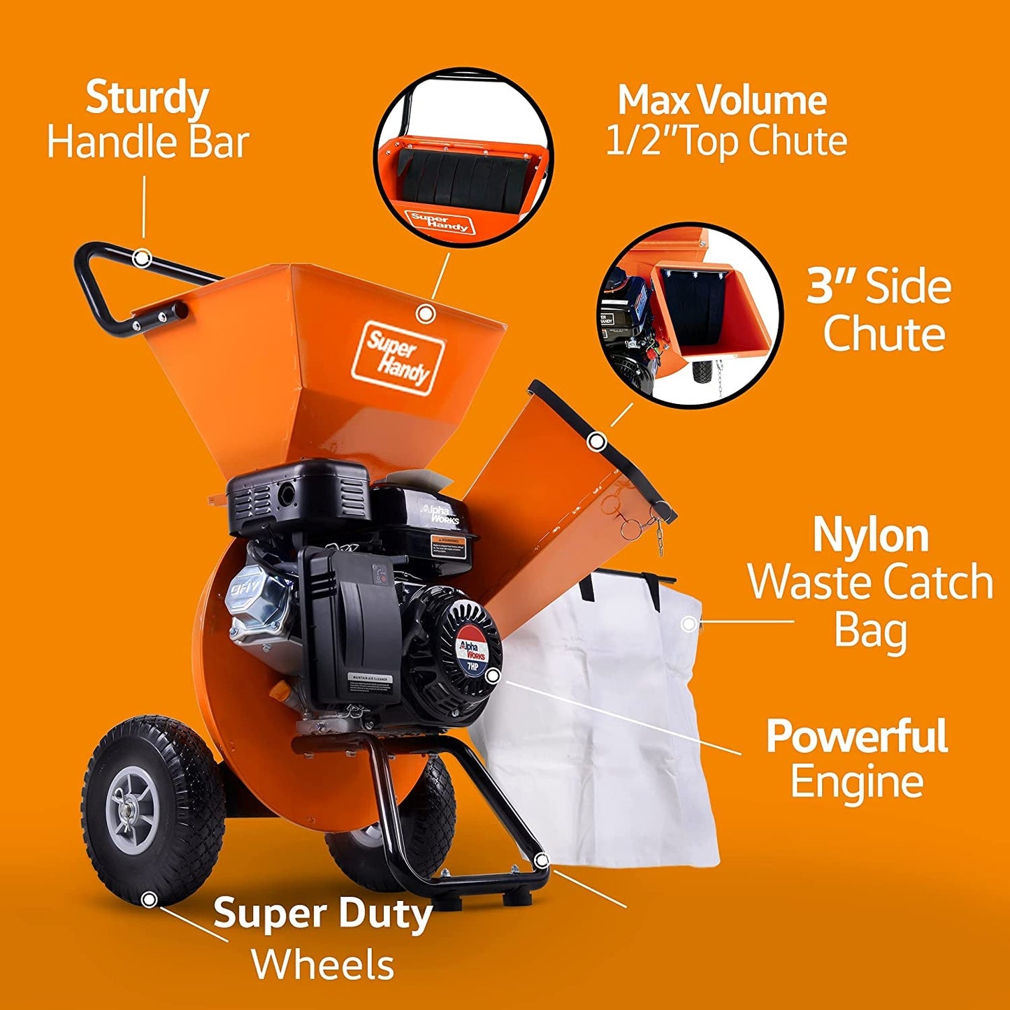 Superhandy Wood Chipper Shredder Mulcher Ultra Heavy Duty 7HP 3 in 1 Multi-Function 3" Inch Max Capacity (Amazon Exclusive)