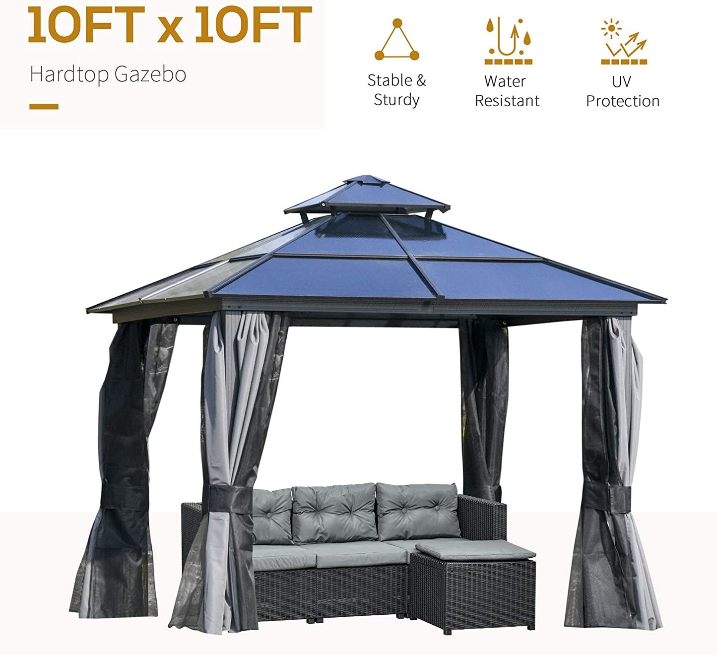 Outsunny 10' X 10' Hardtop Gazebo Canopy with Polycarbonate Double Roof, Aluminum Frame, Permanent Pavilion Outdoor Gazebo with Netting and Curtains for Patio, Garden, Backyard, Deck, Lawn, Gray