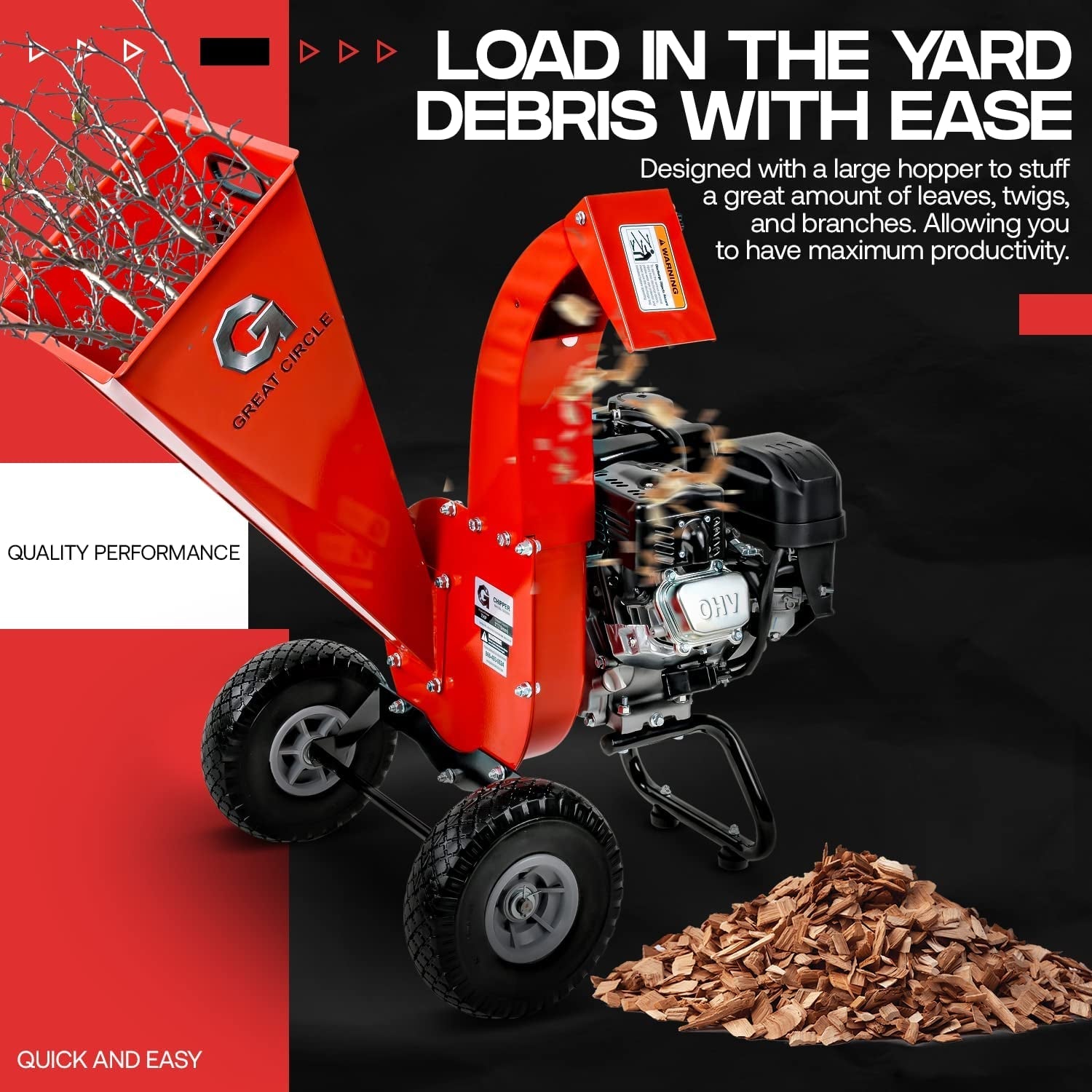 Greatcircleusa Mini Wood Chipper Shredder Mulcher Ultra Duty 7 HP Gas Powered 3" Inch Max Wood Capacity EPA/CARB Certified Aids in Fire Prevention and Building Firebreaks