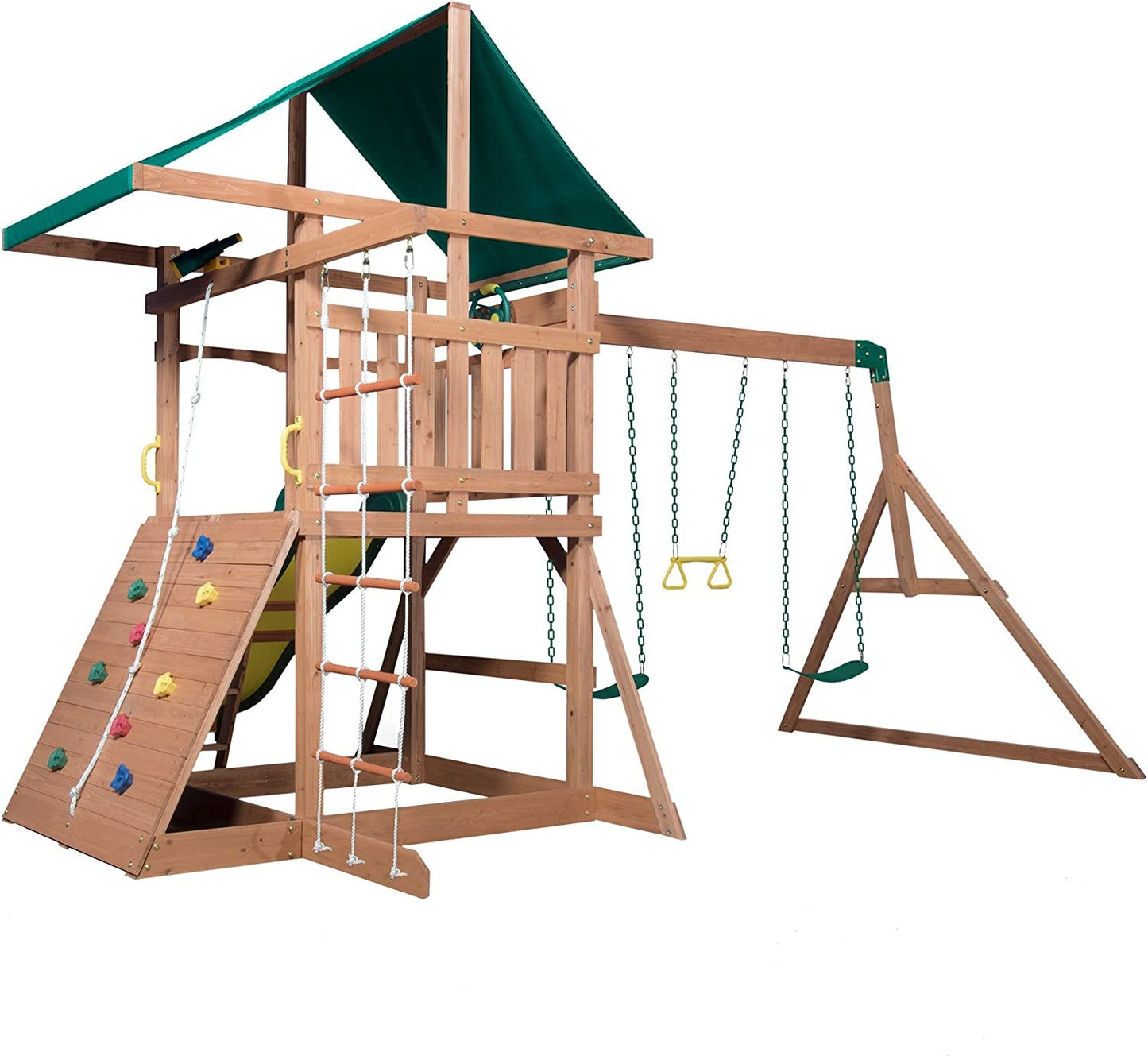 Mount Mckinley All Cedar Wood Swing Set, Playground for All Kids Age 3-10, Rock Wall, Wave Slide, Fort, Double Rock Climber and Rope