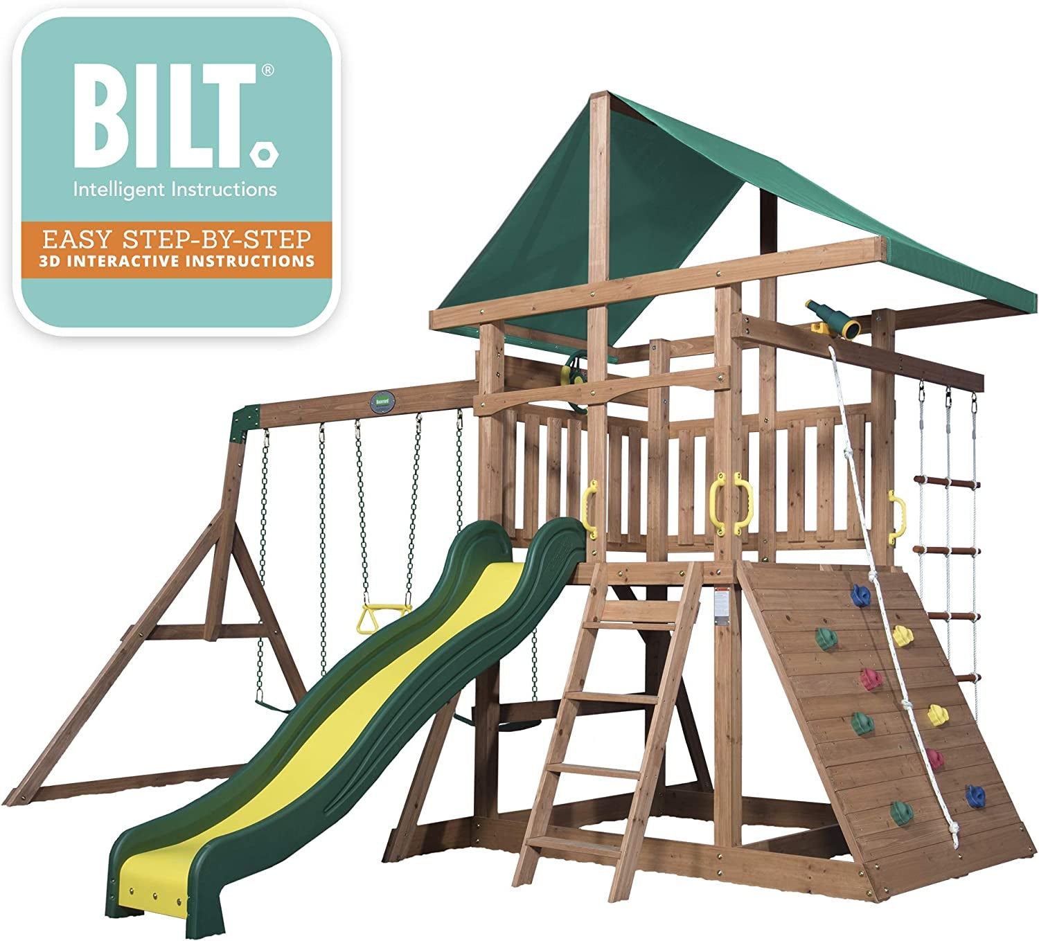 Mount Mckinley All Cedar Wood Swing Set, Playground for All Kids Age 3-10, Rock Wall, Wave Slide, Fort, Double Rock Climber and Rope