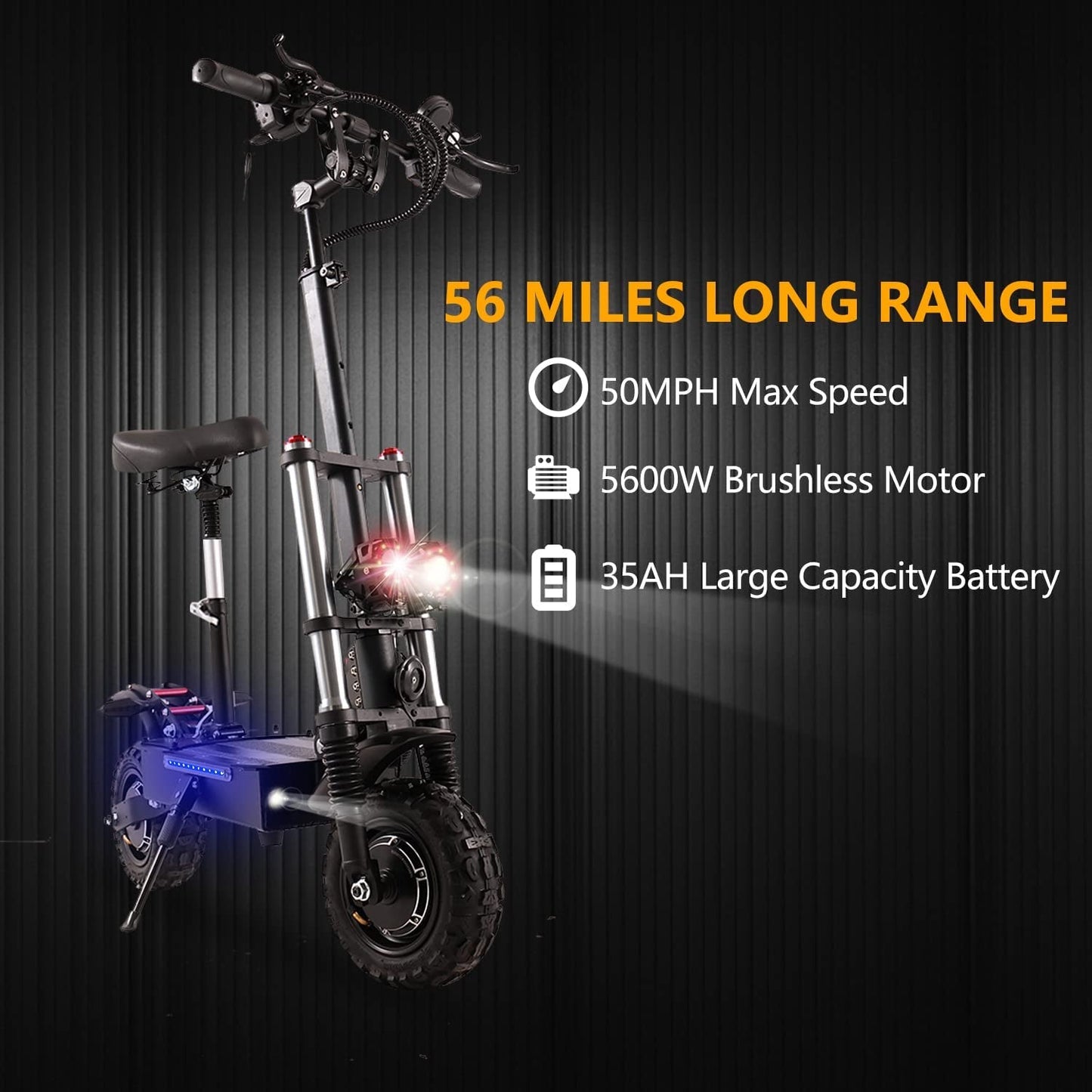 35AH 5600W Electric Scooter Adults 50 MPH off Road Sport Scooter with Seat,60V Dual Drive 56 Miles Range 11" off Road Tires,Heavy Duty 440 LBS Load Dual Braking System & Dual 2 Chargers