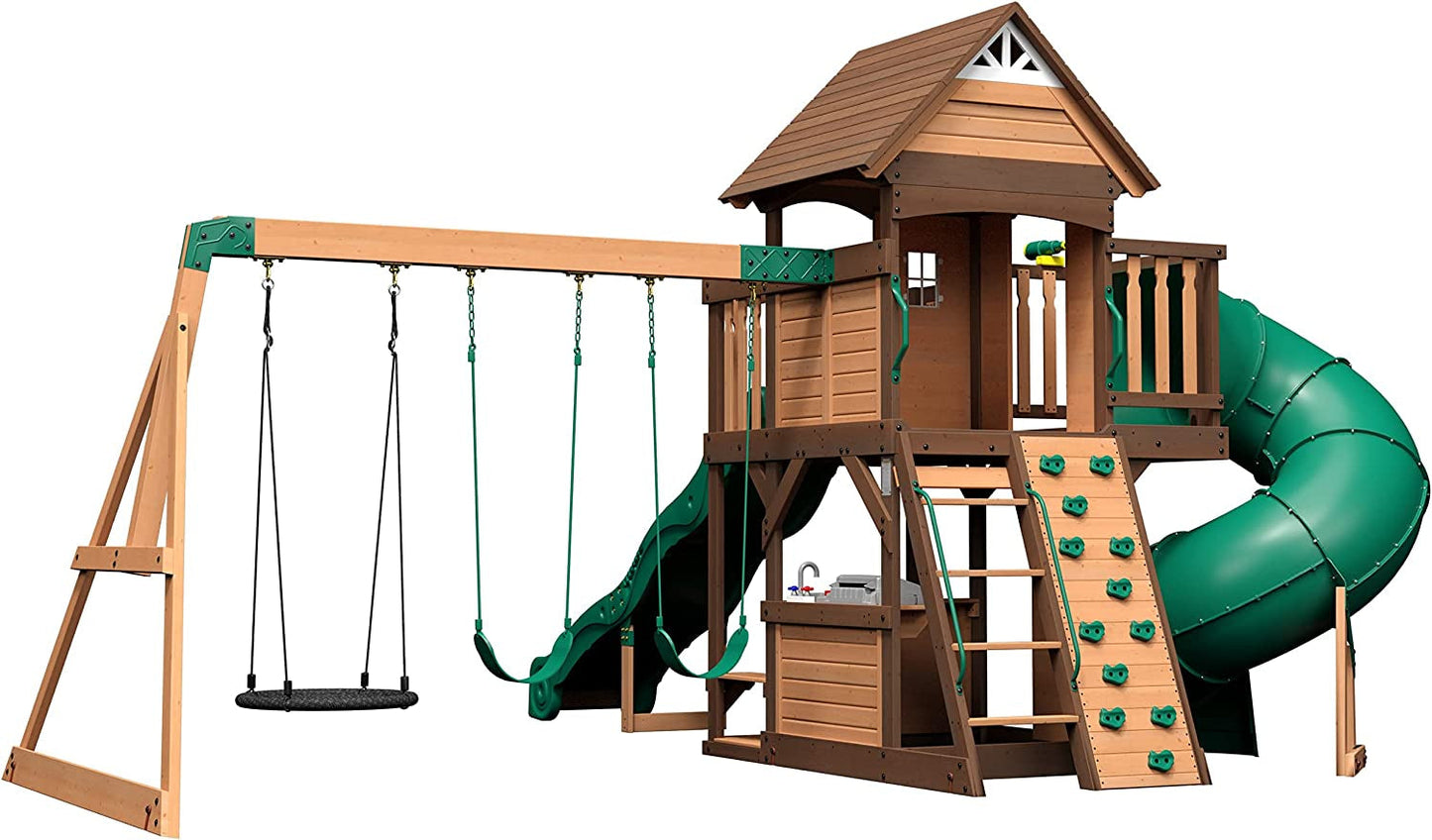 , Cedar Cove Wood Swing Set, Playground Fort, Chalkboard, Telescope, Dual Slide, Kitchenette, Wide Swing Lanes, 5Ft Rock Wall, Step Ladder