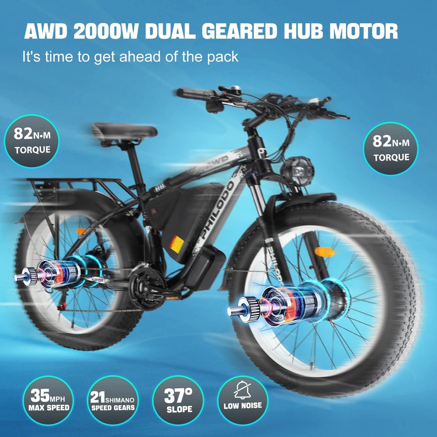 Electric Bike for Adults, 48V 22Ah Fat Tire Ebike Dual Motor AWD 2000W 35MPH Electric Bicycles Shimano 21-Speed with Ignition Lock Hydraulic Disc Brakes…