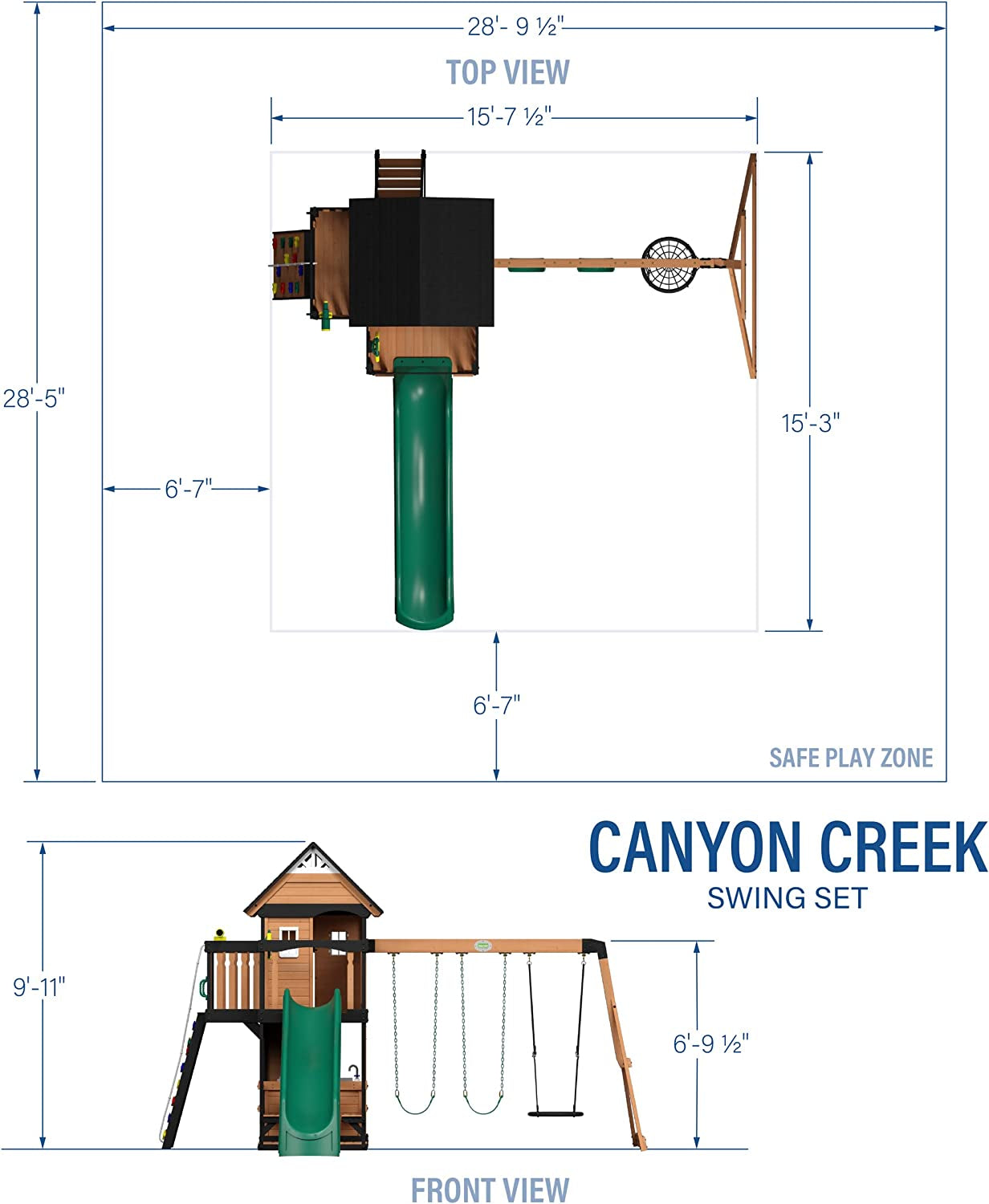 Canyon Creek All Cedar Wood Swing Set, Playhouse with Grill, Plastic Food, Picnic Area, Steering Wheel, Two Belt Swings, Rock Climbing Wall, Balcony, Deck, Slide, Web Swing,Brown