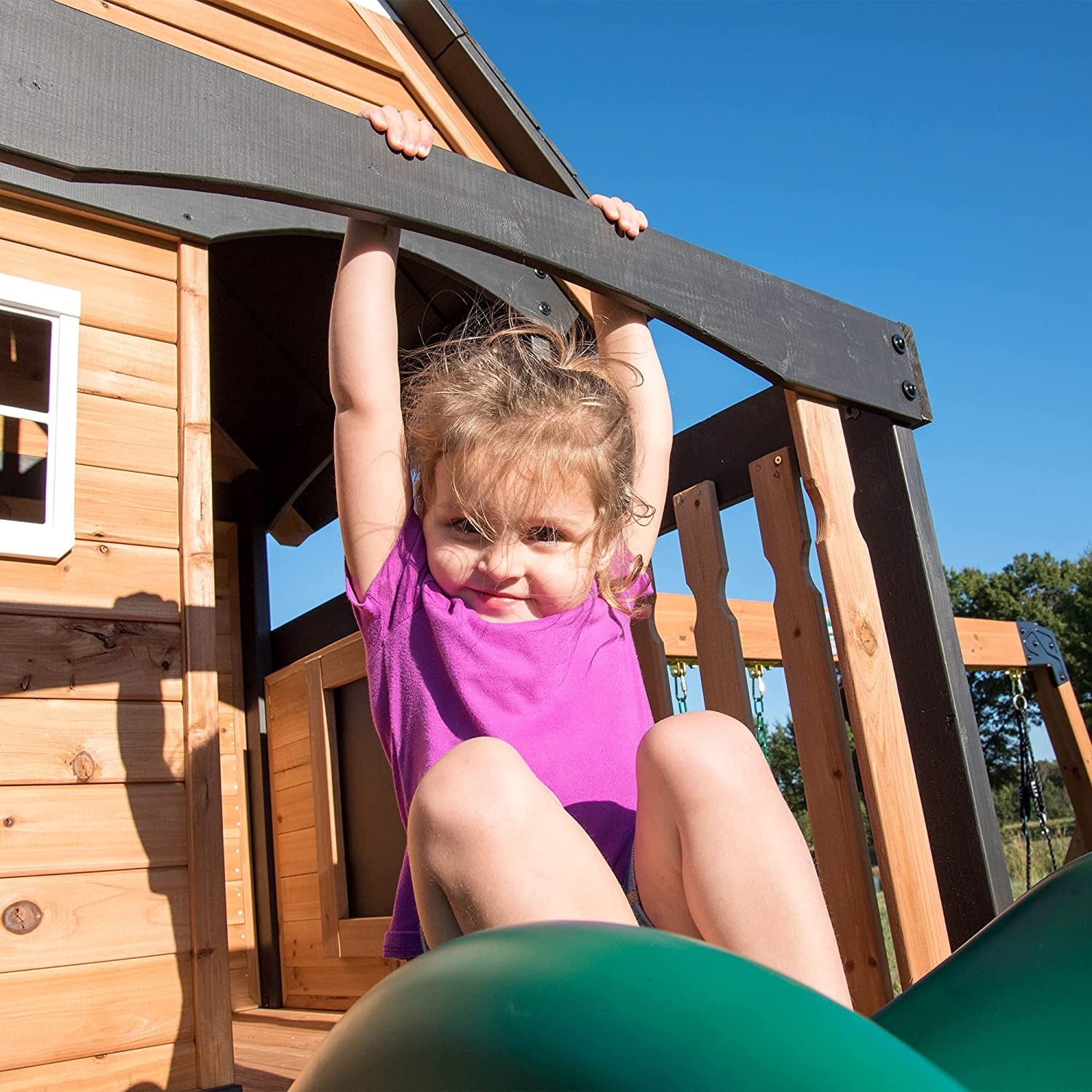 Canyon Creek All Cedar Wood Swing Set, Playhouse with Grill, Plastic Food, Picnic Area, Steering Wheel, Two Belt Swings, Rock Climbing Wall, Balcony, Deck, Slide, Web Swing,Brown