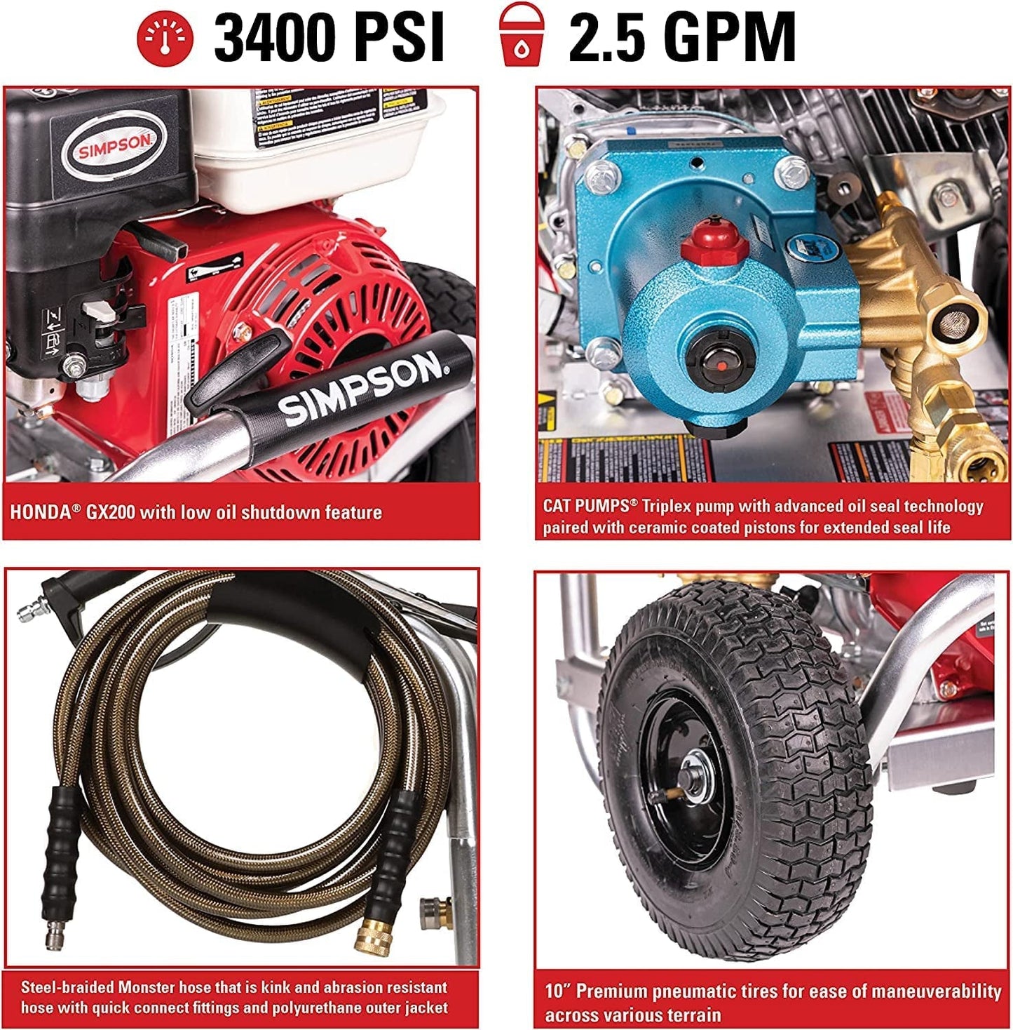 Cleaning ALH3228-S Aluminum Series 3400 PSI Gas Pressure Washer, 2.5 GPM, HONDA GX200 Engine, CAT Triplex Pump, Includes Spray Gun, Extension Wand, 5 QC Nozzle Tips, 5/16" X 25' Monster Hose