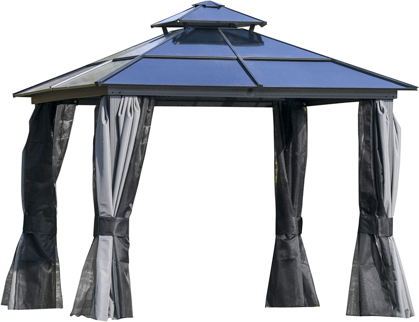 Outsunny 10' X 10' Hardtop Gazebo Canopy with Polycarbonate Double Roof, Aluminum Frame, Permanent Pavilion Outdoor Gazebo with Netting and Curtains for Patio, Garden, Backyard, Deck, Lawn, Gray