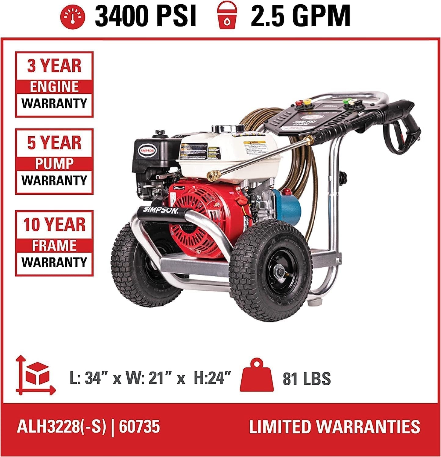 Cleaning ALH3228-S Aluminum Series 3400 PSI Gas Pressure Washer, 2.5 GPM, HONDA GX200 Engine, CAT Triplex Pump, Includes Spray Gun, Extension Wand, 5 QC Nozzle Tips, 5/16" X 25' Monster Hose