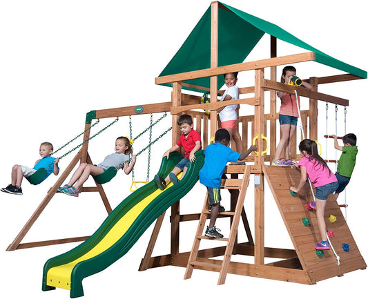 Mount Mckinley All Cedar Wood Swing Set, Playground for All Kids Age 3-10, Rock Wall, Wave Slide, Fort, Double Rock Climber and Rope