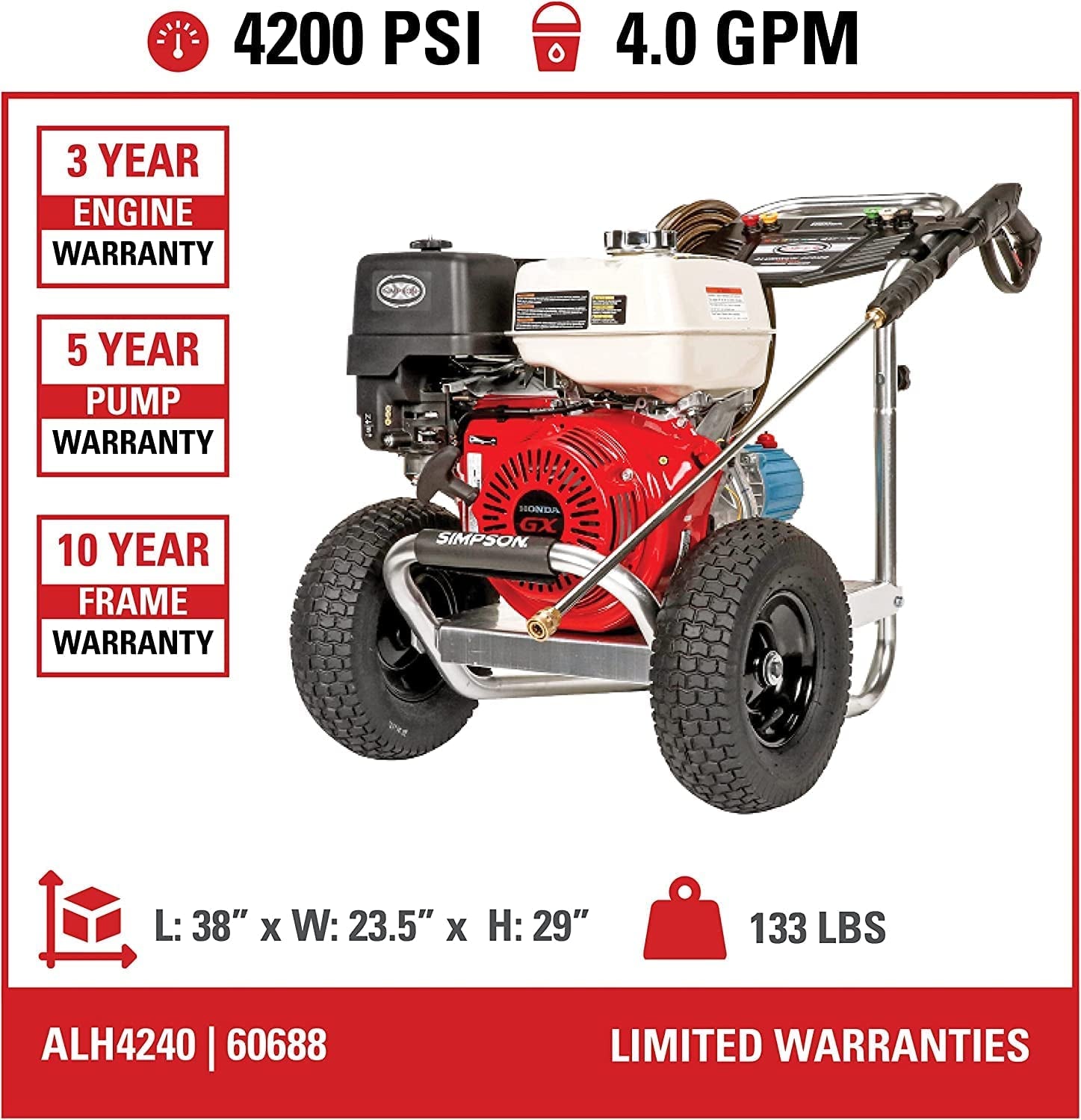 Cleaning ALH4240 Aluminum Series 4200 PSI Gas Pressure Washer, 4.0 GPM, HONDA GX390 Engine, Includes Spray Gun and Extension Wand, 5 QC Nozzle Tips, 3/8-Inch X 50-Foot Monster Hose, (49 State)