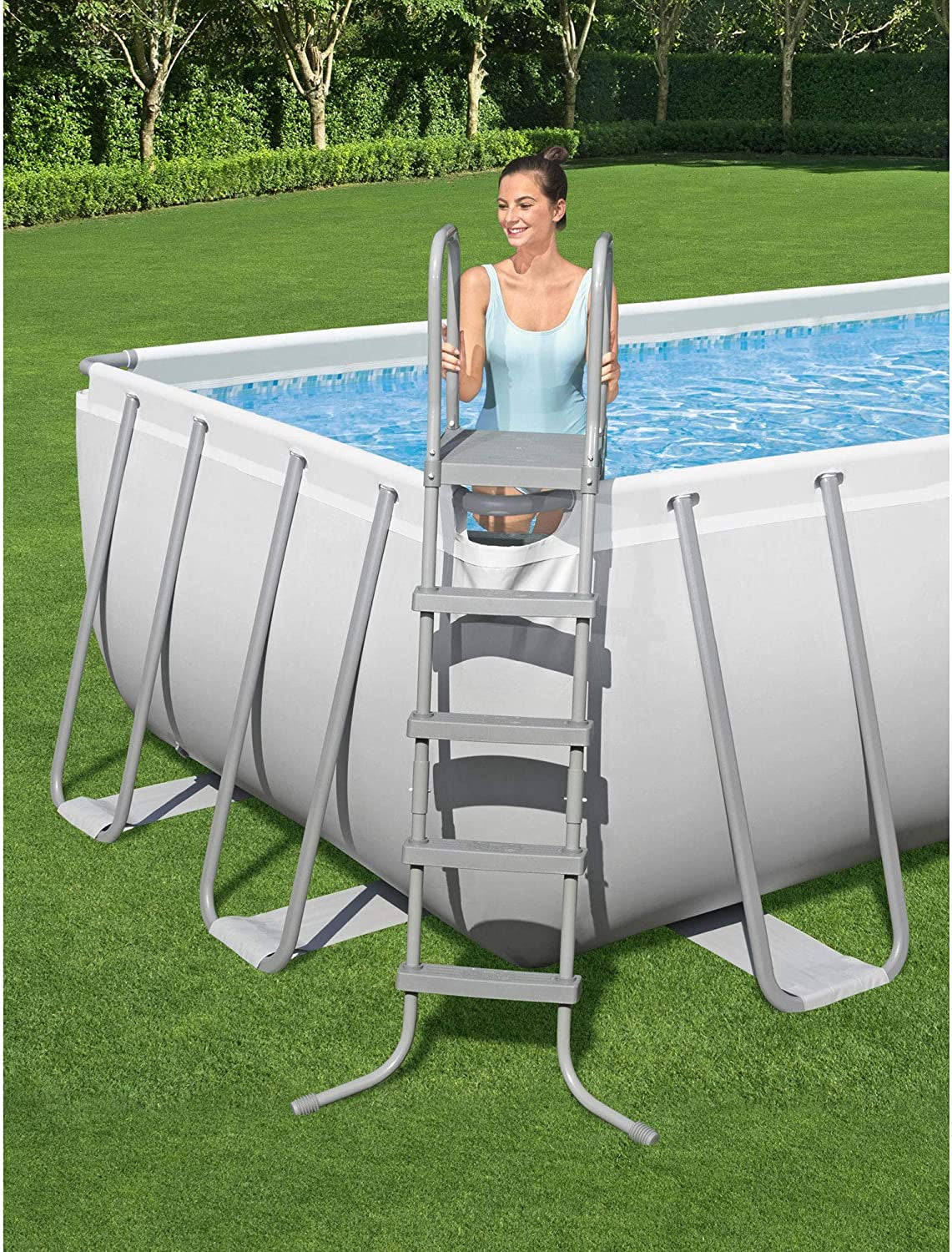 Bestway Power Steel 21' X 9' X 52" Rectangular Metal Frame above Ground Swimming Pool Set with 1500 GPH Filter Pump, Ladder, and Pool Cover