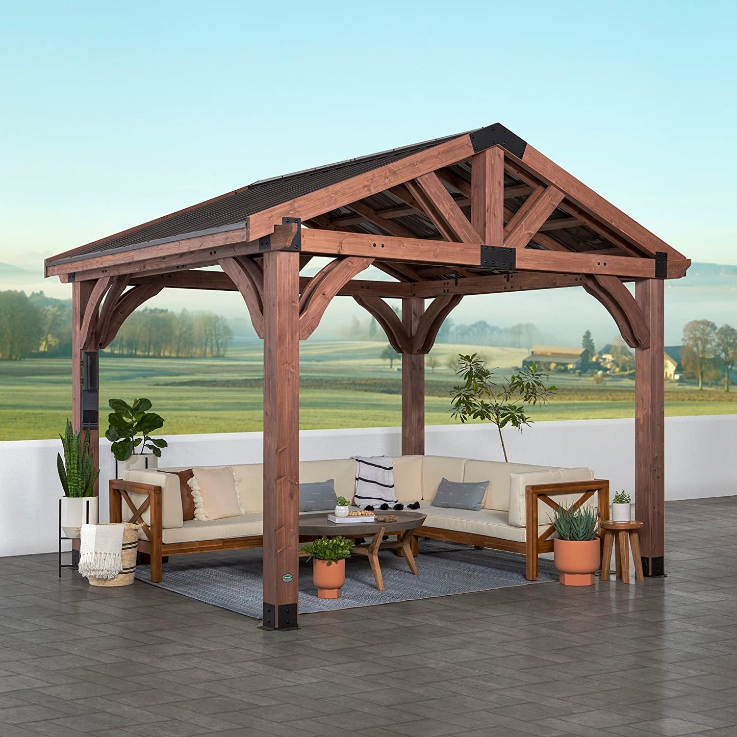 Arlington 12X10 All Cedar Gazebo, Walnut, Insulated Steel Roof, Water Resistant, Wind Resistant up to 100 MPH, Withstand 6,391 Lbs of Snow