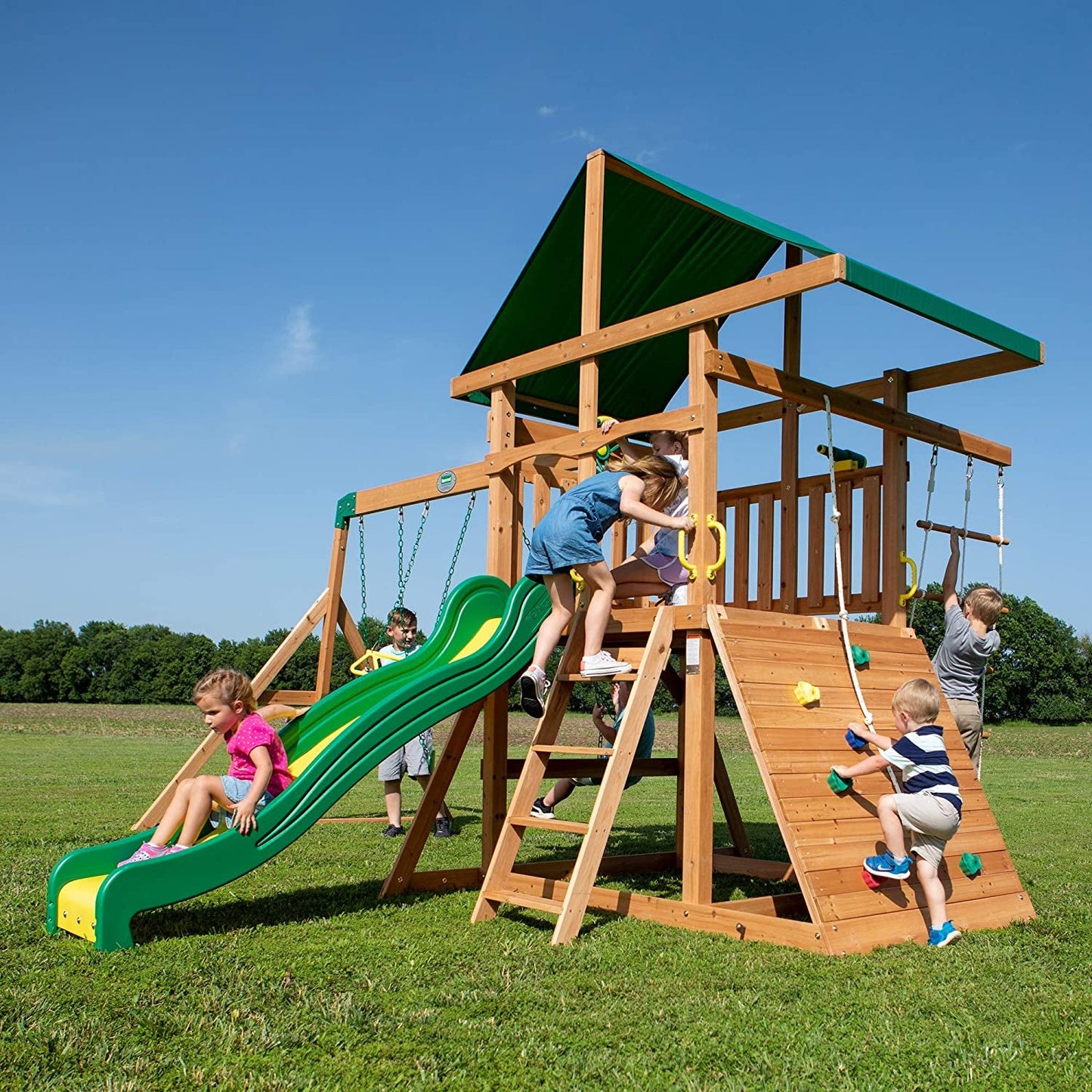 Mount Mckinley All Cedar Wood Swing Set, Playground for All Kids Age 3-10, Rock Wall, Wave Slide, Fort, Double Rock Climber and Rope