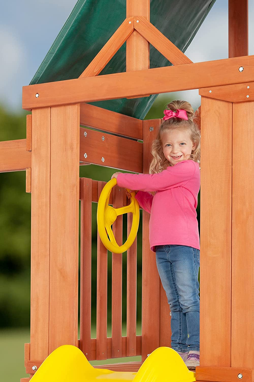 Cedar Cottage Wooden Backyard Playset | W: 163" D: 137" H: 114" | W/ 2 Belt Swings & Trapeze | Kids Age 3-10 | Sandbox, Slide & Climbing Wall | DIY Assembly | ASTM Standards | 10-Year Warranty on Wood