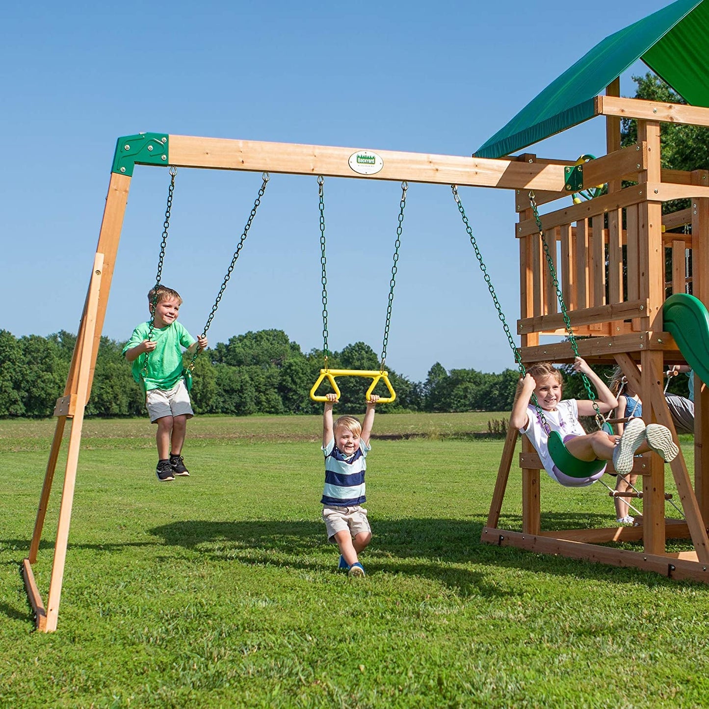 Mount Mckinley All Cedar Wood Swing Set, Playground for All Kids Age 3-10, Rock Wall, Wave Slide, Fort, Double Rock Climber and Rope