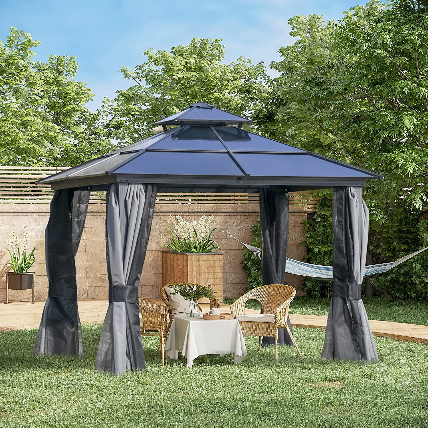 Outsunny 10' X 10' Hardtop Gazebo Canopy with Polycarbonate Double Roof, Aluminum Frame, Permanent Pavilion Outdoor Gazebo with Netting and Curtains for Patio, Garden, Backyard, Deck, Lawn, Gray