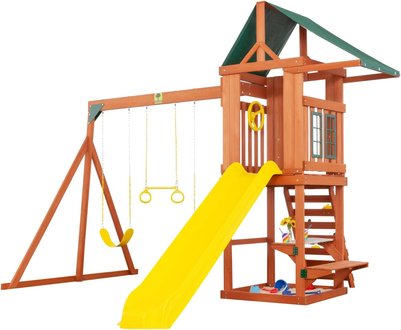 Cedar Cottage Wooden Backyard Playset | W: 163" D: 137" H: 114" | W/ 2 Belt Swings & Trapeze | Kids Age 3-10 | Sandbox, Slide & Climbing Wall | DIY Assembly | ASTM Standards | 10-Year Warranty on Wood