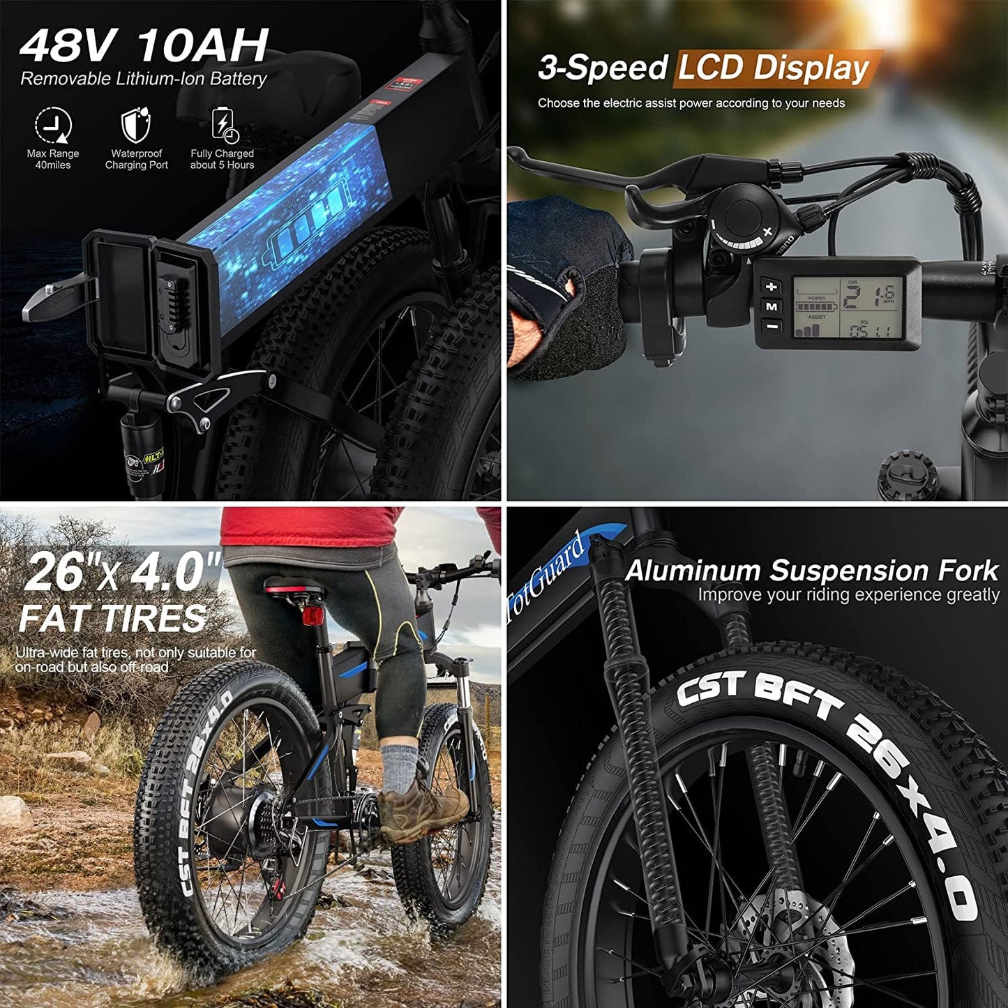 Totguard Electric Bike, 26" Fat Tire Electric Bike for Adults 500W 21.6MPH Ebike Foldable Adult Electric Bicycles Electric Mountain Bike with 48V 10Ah Battery and Lockable Suspension Fork