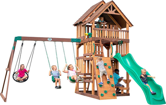 Highlander All Cedar Wooden Swing Set, 3 Levels, Step Ladder, Snack Bar with Bench, Sandbox, 2 Belt Swings, Web Swing, 10Ft Wave Slide, Rock Wall,