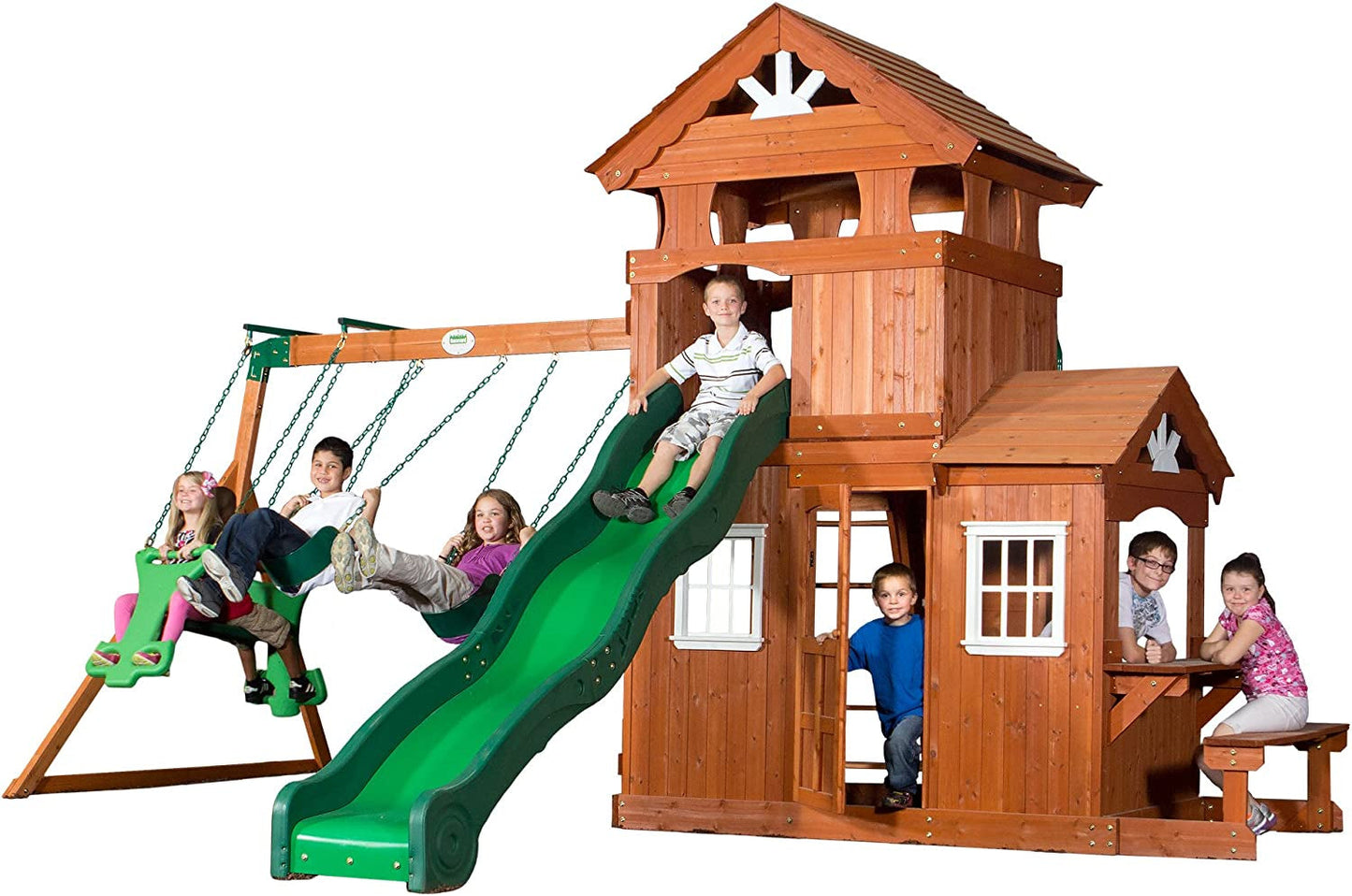 Backyard Discovery Shenandoah All Cedar Wooden Playset Swing Set with 2 Belt Swings, 2 Person Glider, 10 Ft Wave Slide, Covered Upper and Lower Playhouse, Play Kitchen, Rock Wall, Outdoor Bench