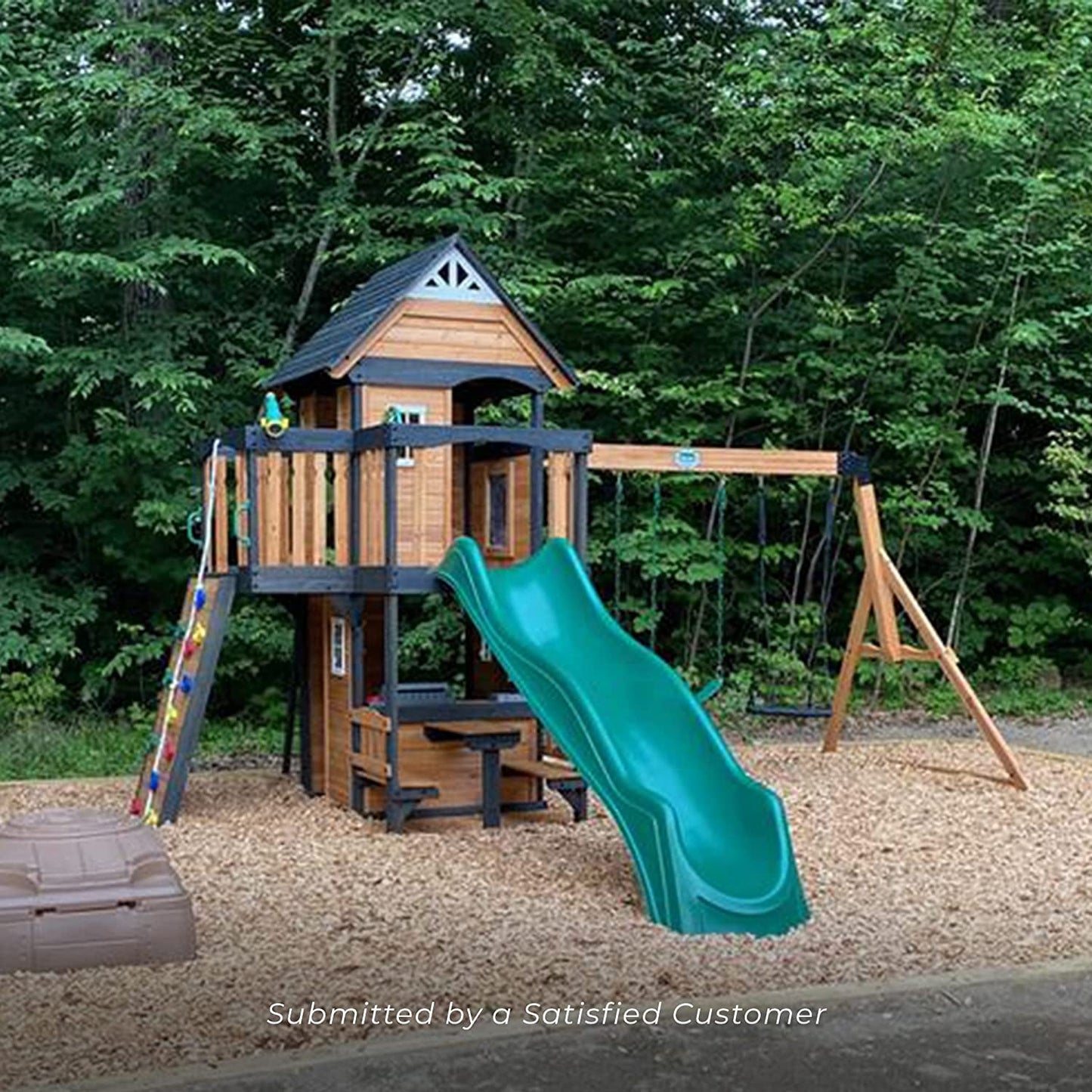 Canyon Creek All Cedar Wood Swing Set, Playhouse with Grill, Plastic Food, Picnic Area, Steering Wheel, Two Belt Swings, Rock Climbing Wall, Balcony, Deck, Slide, Web Swing,Brown