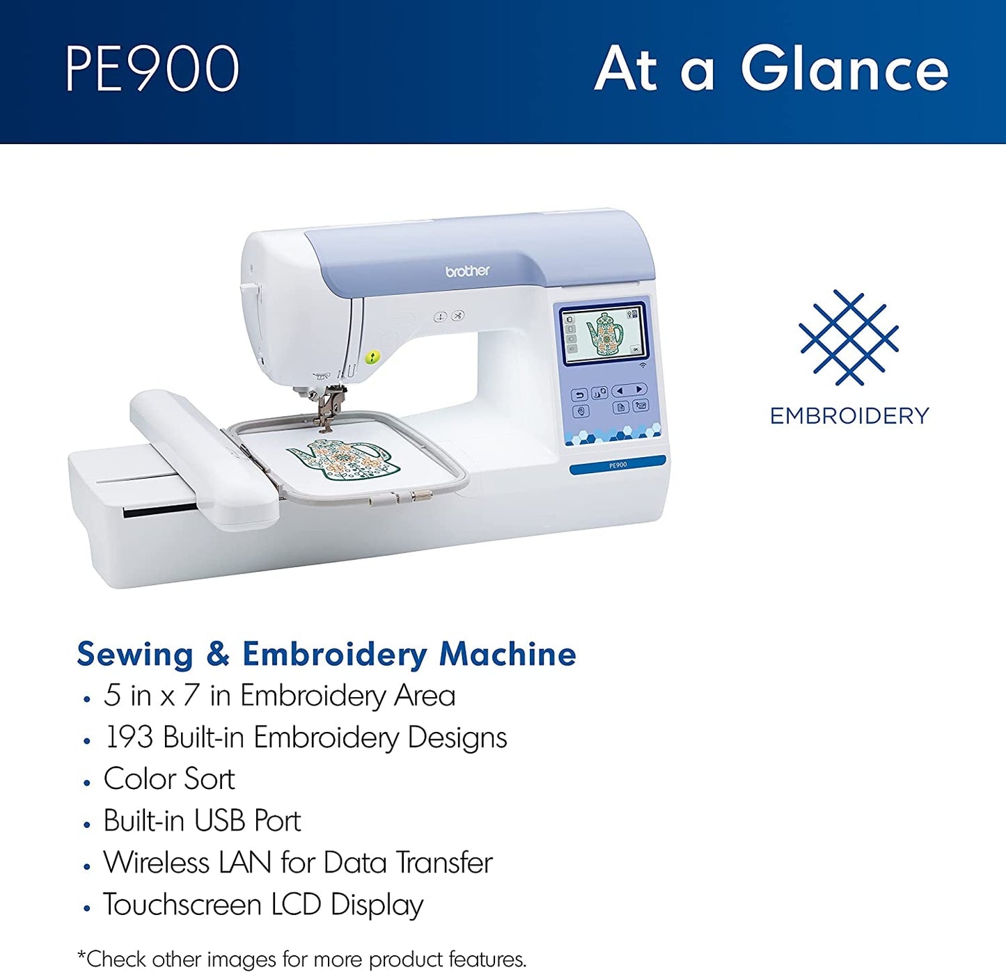 Embroidery Machine PE800, 138 Built-In Designs, 5" X 7" Hoop Area, Large 3.2" LCD Touchscreen, USB Port, 11 Font Styles