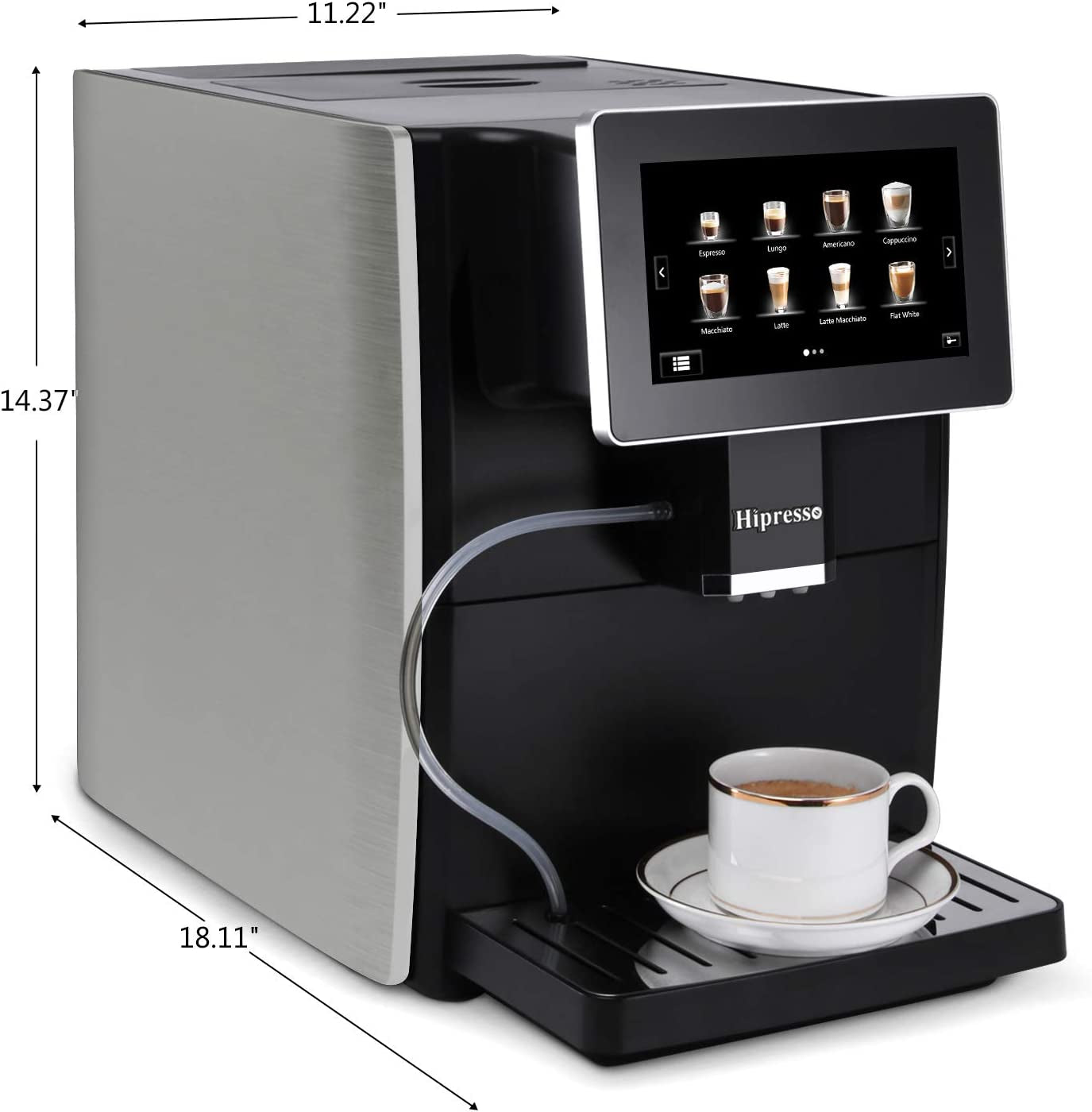 Hipresso Super-Automatic Espresso Coffee Machine with Large 7 Inches HD TFT Display for Brewing Americano,Cappuccino, Latte, Macchiato,Flat White, Espresso Drinks