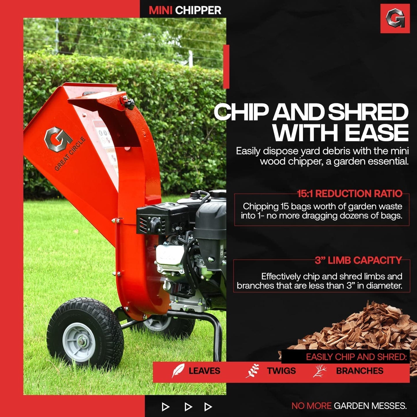 Greatcircleusa Mini Wood Chipper Shredder Mulcher Ultra Duty 7 HP Gas Powered 3" Inch Max Wood Capacity EPA/CARB Certified Aids in Fire Prevention and Building Firebreaks