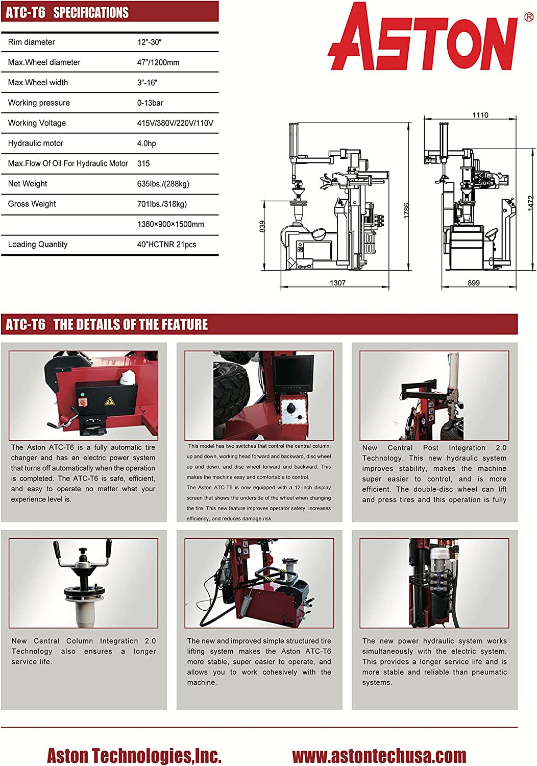 Aston Tire Machine Tire Changer Wheel Changer 4.0Hp Stronger Motor Fully Automatic Rim up to 30" Combo Wheel Balancer Self-Calibration W/Laser Light T6-3022