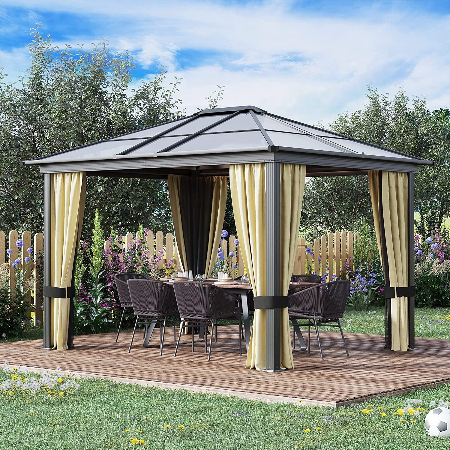 Outsunny 10' X 12' Hardtop Gazebo Canopy with Polycarbonate Roof, Aluminum Frame, Permanent Pavilion Outdoor Gazebo with Netting and Curtains for Patio, Garden, Backyard, Lawn, Deck