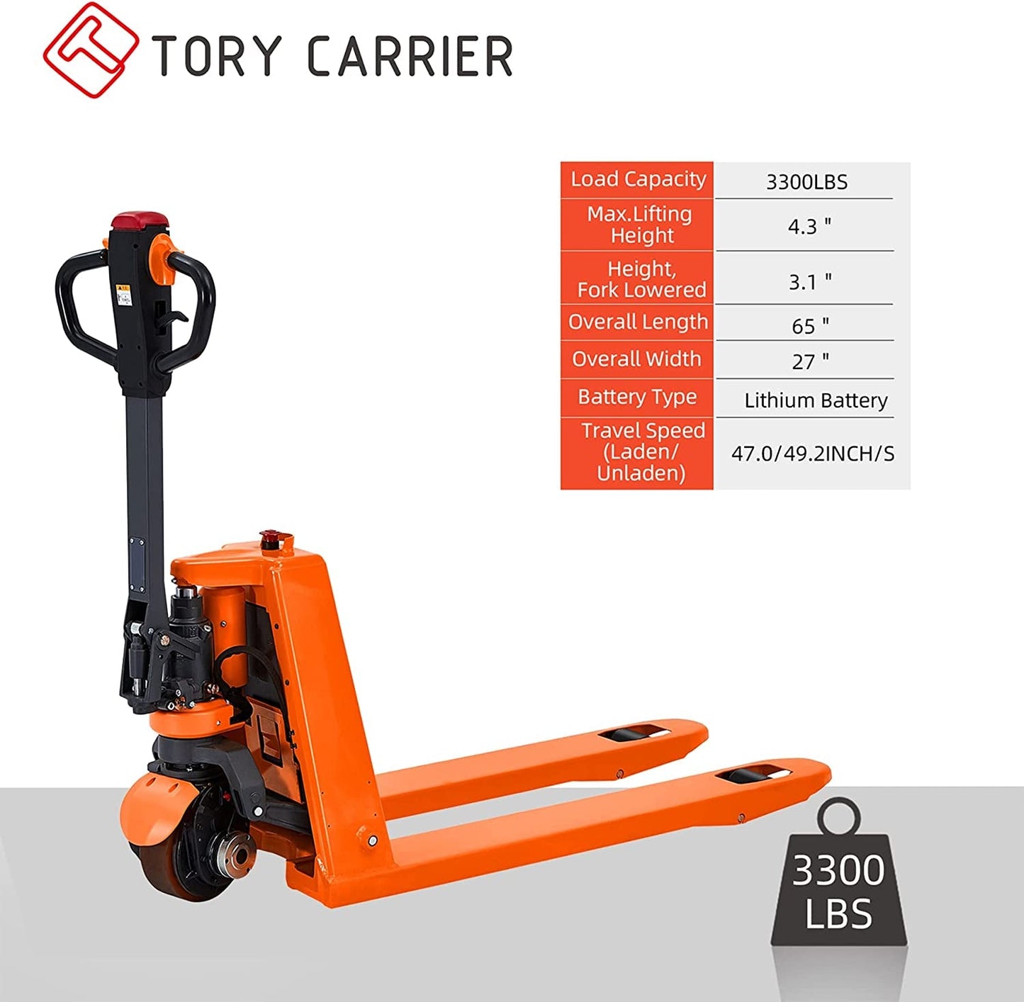 Tory Carrier Classic Electric Power Lithium Battery Pallet Jack/Pallet Truck 3300Lb Capacity 48" X27" Fork Length Used in Indoor Storage and Handling-Orange Style EPJ3300