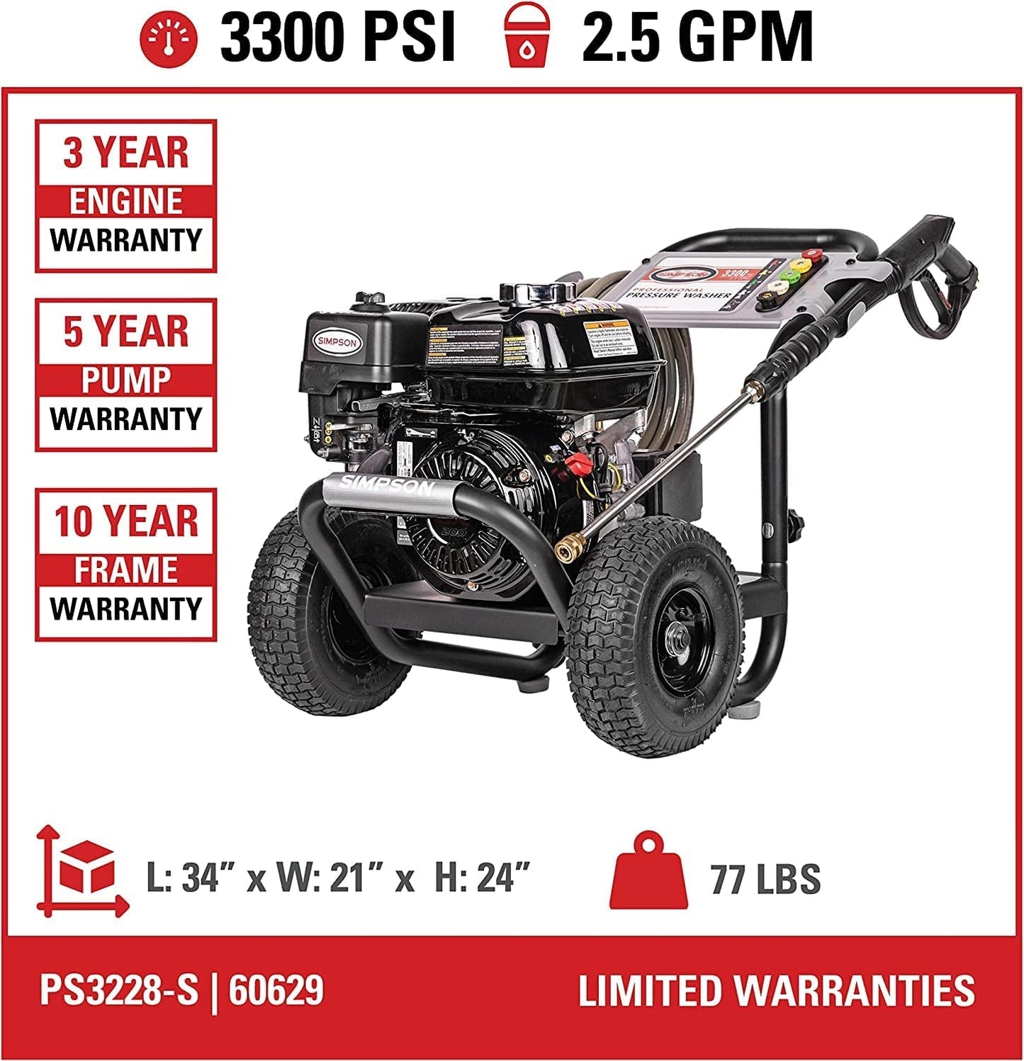 Cleaning PS3228 Powershot 3300 PSI Gas Pressure Washer, 2.5 GPM, Honda GX200 Engine, Includes Spray Gun and Extension Wand, 5 QC Nozzle Tips, 5/16-Inch X 25-Foot Morflex Hose