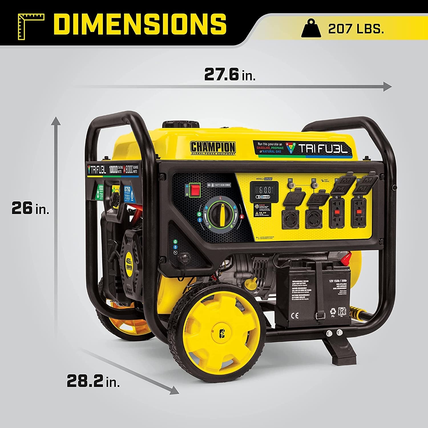 100416 10,000/8,000-Watt TRI Fuel Portable Natural Gas Generator, NG/LPG Hose Kits and CO Shield