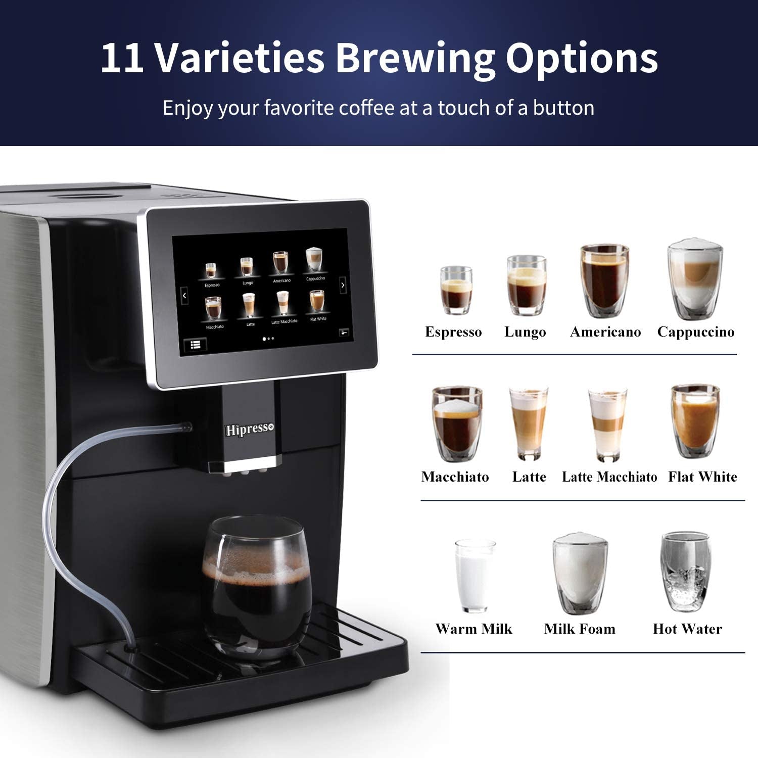 Hipresso Super-Automatic Espresso Coffee Machine with Large 7 Inches HD TFT Display for Brewing Americano,Cappuccino, Latte, Macchiato,Flat White, Espresso Drinks