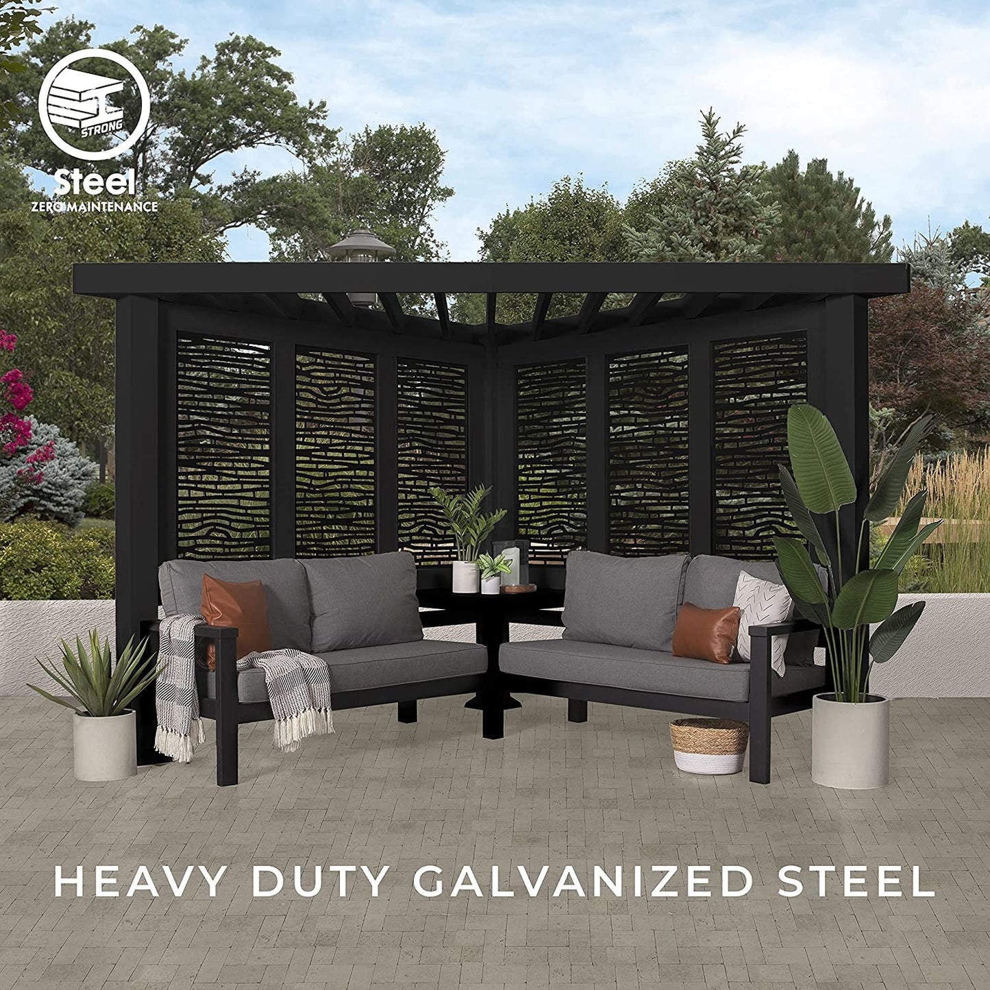 Glendale Modern Steel Cabana Pergola with Conversation Seating in Slate