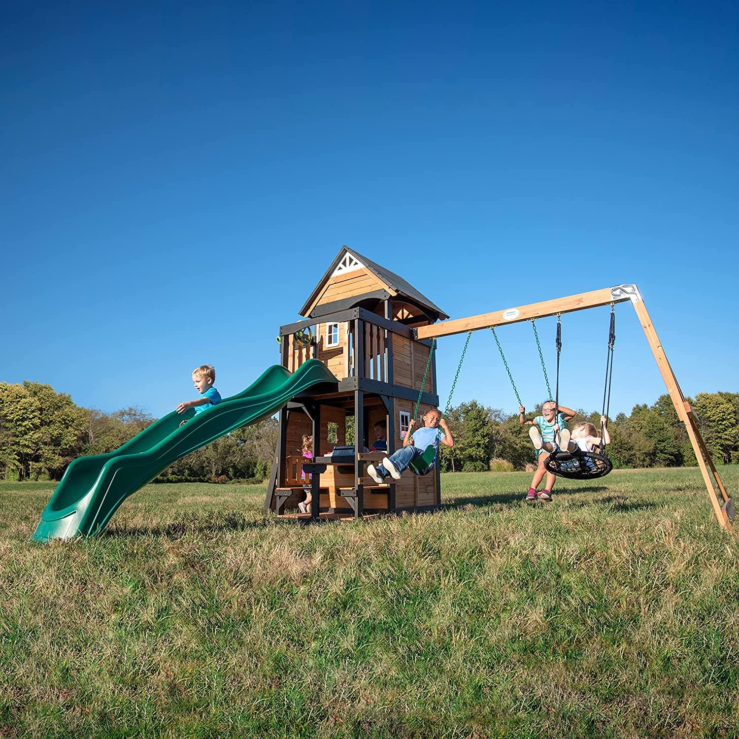 Canyon Creek All Cedar Wood Swing Set, Playhouse with Grill, Plastic Food, Picnic Area, Steering Wheel, Two Belt Swings, Rock Climbing Wall, Balcony, Deck, Slide, Web Swing,Brown