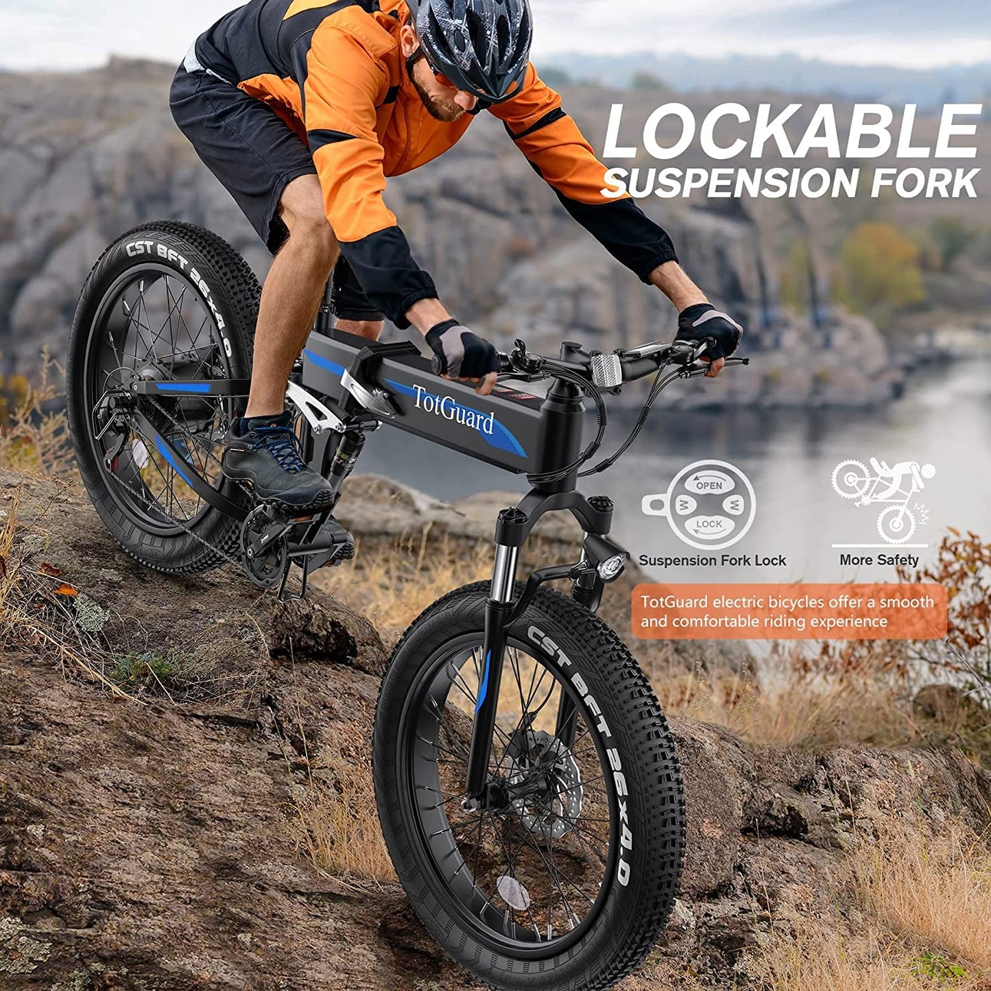 Totguard Electric Bike, 26" Fat Tire Electric Bike for Adults 500W 21.6MPH Ebike Foldable Adult Electric Bicycles Electric Mountain Bike with 48V 10Ah Battery and Lockable Suspension Fork